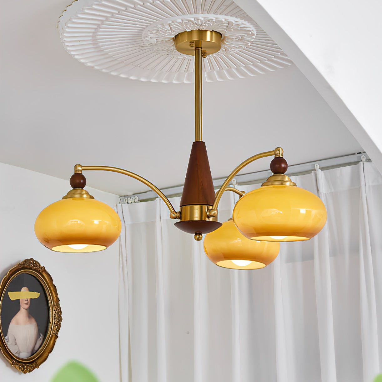 Lustra Suspension Rétro en Verre Jaune et Laiton