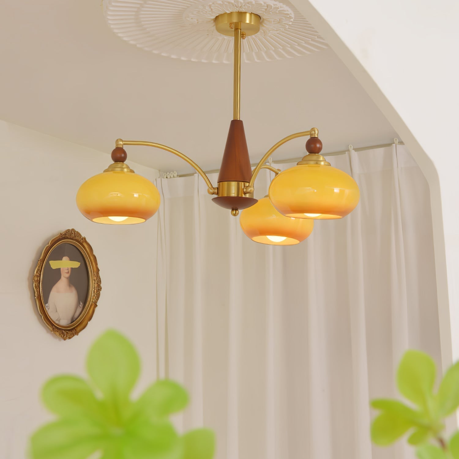 Lustra Suspension Rétro en Verre Jaune et Laiton