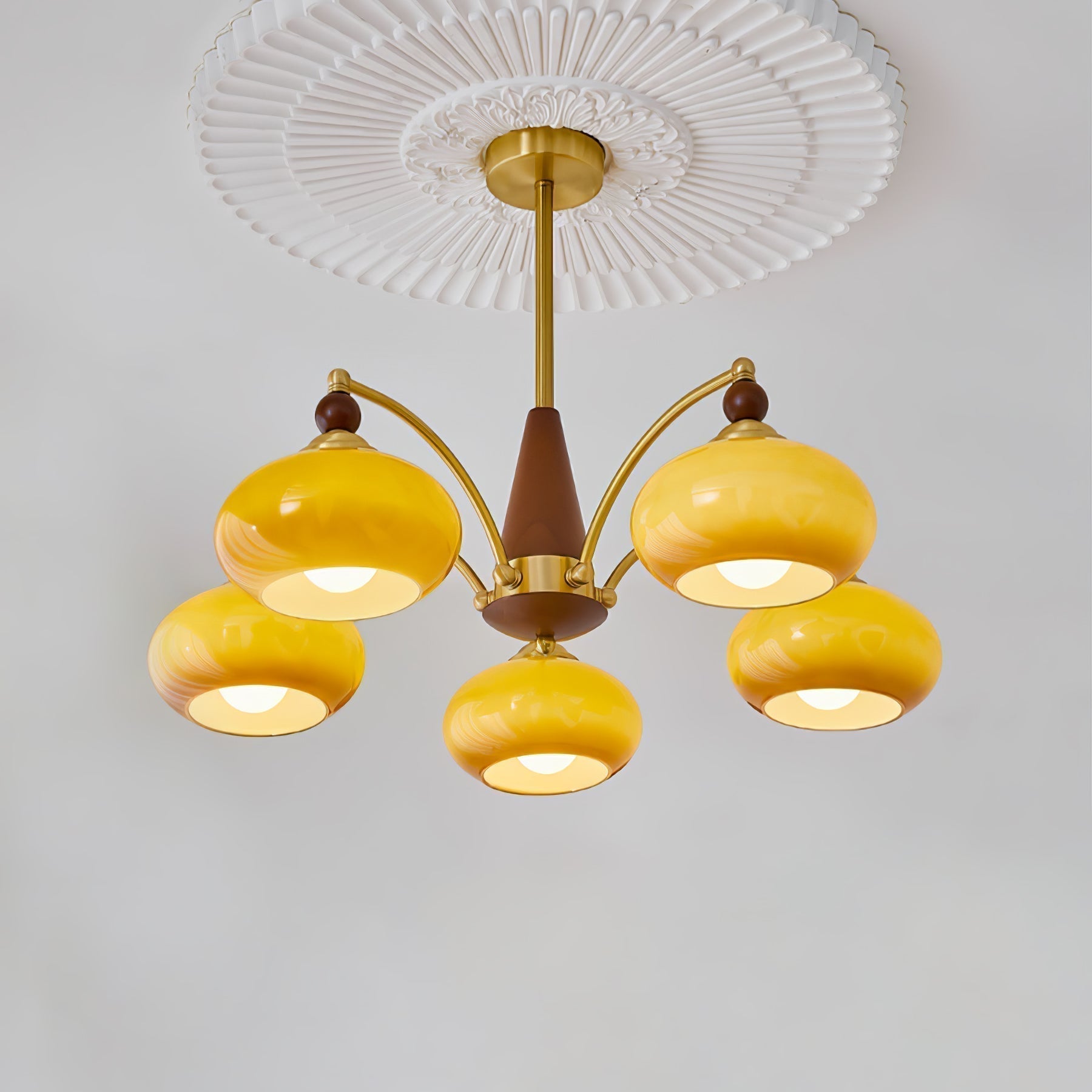 Lustra Suspension Rétro en Verre Jaune et Laiton