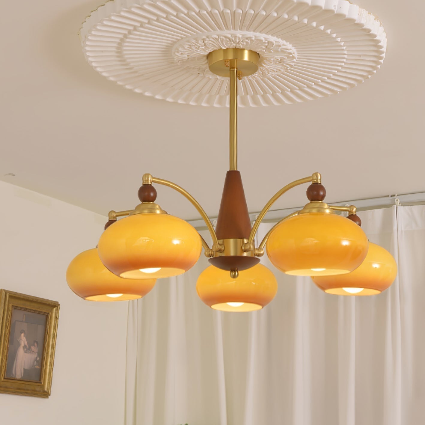 Lustra Suspension Rétro en Verre Jaune et Laiton