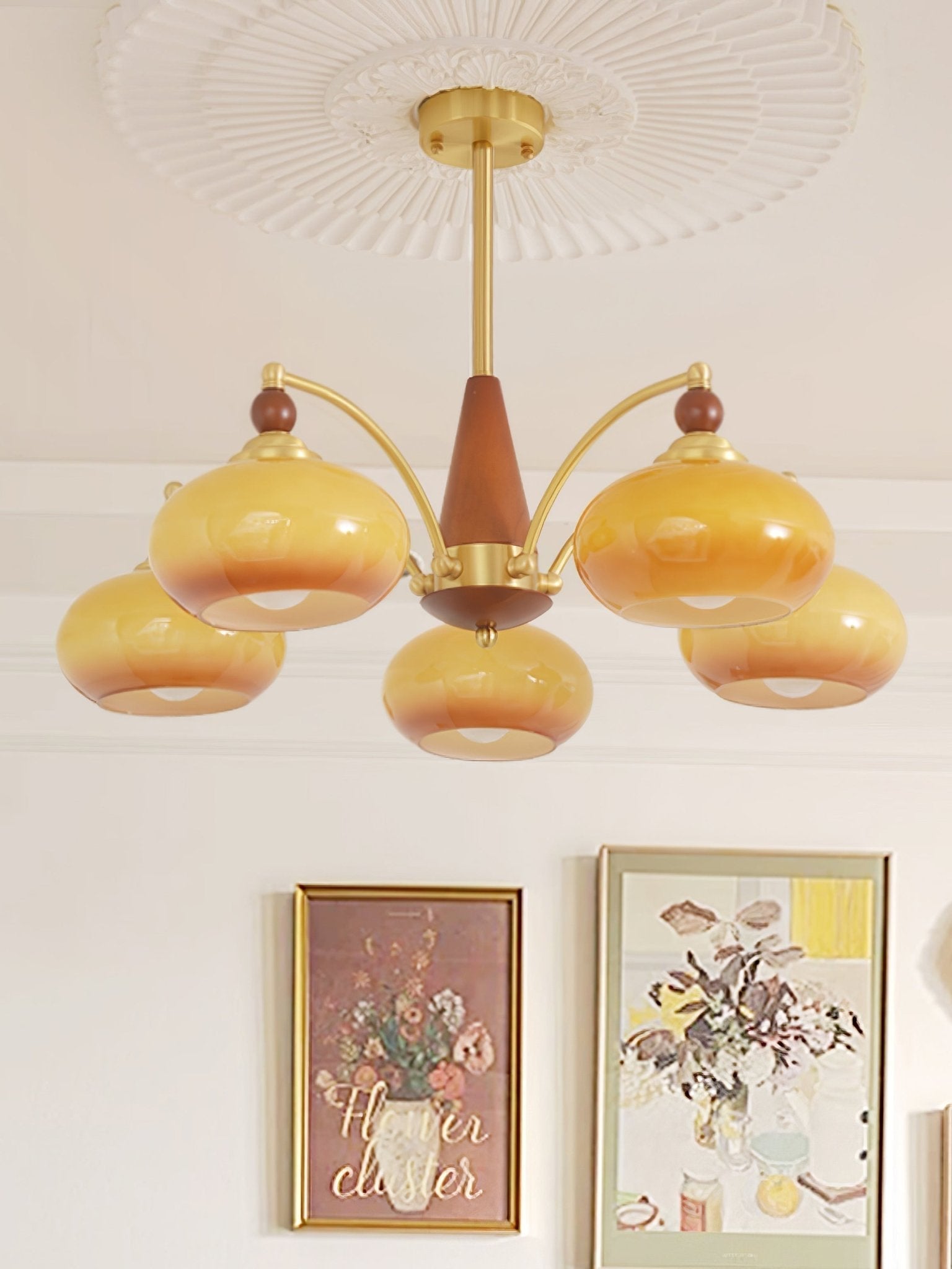 Lustra Suspension Rétro en Verre Jaune et Laiton