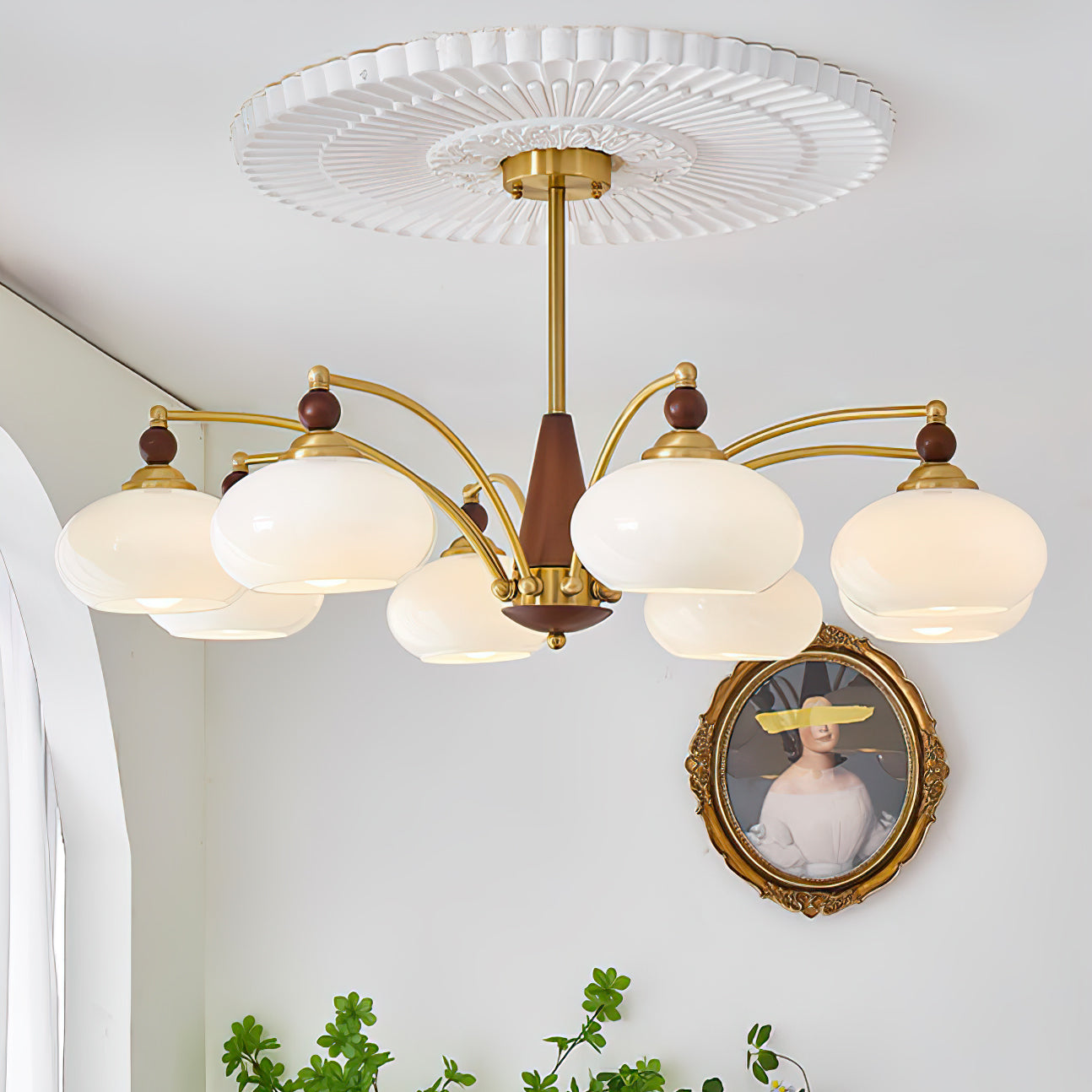 Lustra Suspension Rétro en Verre Jaune et Laiton