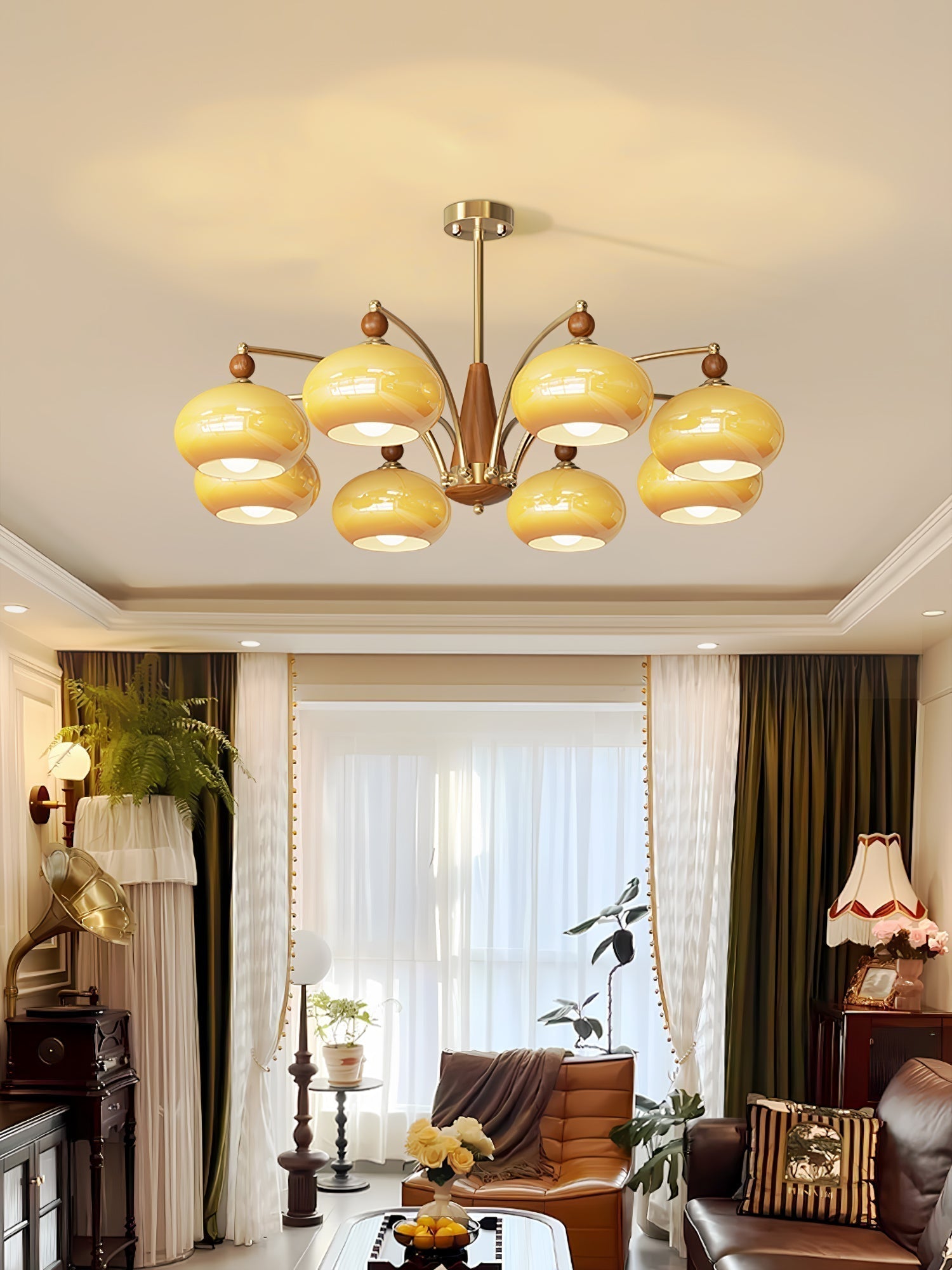 Lustra Suspension Rétro en Verre Jaune et Laiton