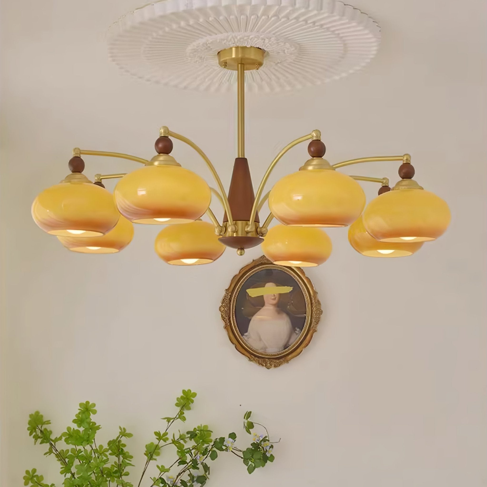 Lustra Suspension Rétro en Verre Jaune et Laiton