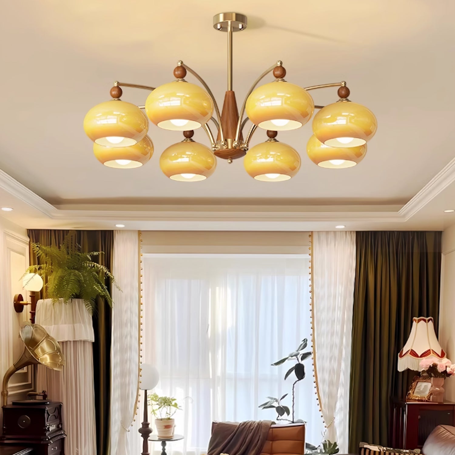 Lustra Suspension Rétro en Verre Jaune et Laiton