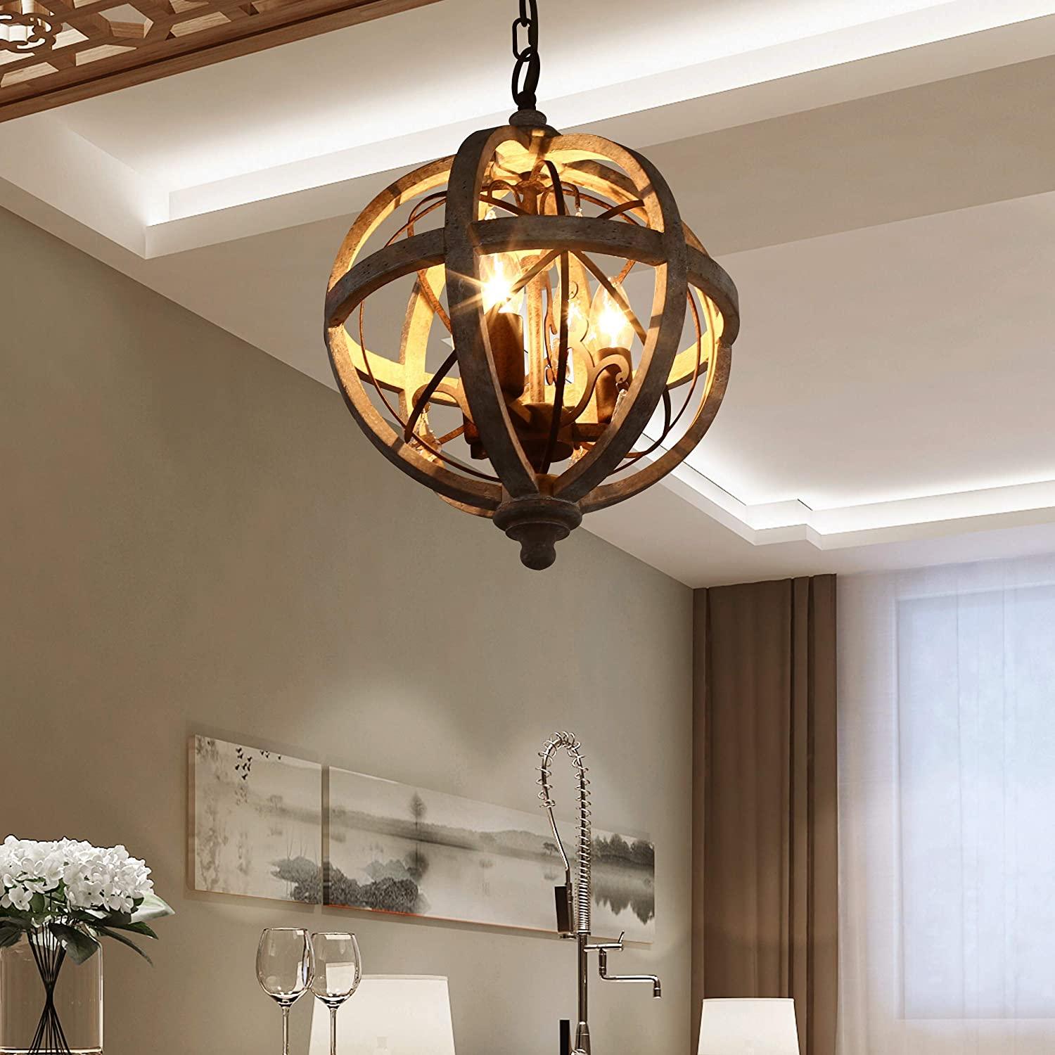Lustra Lustre Globe Rétro avec Bois Vieilli