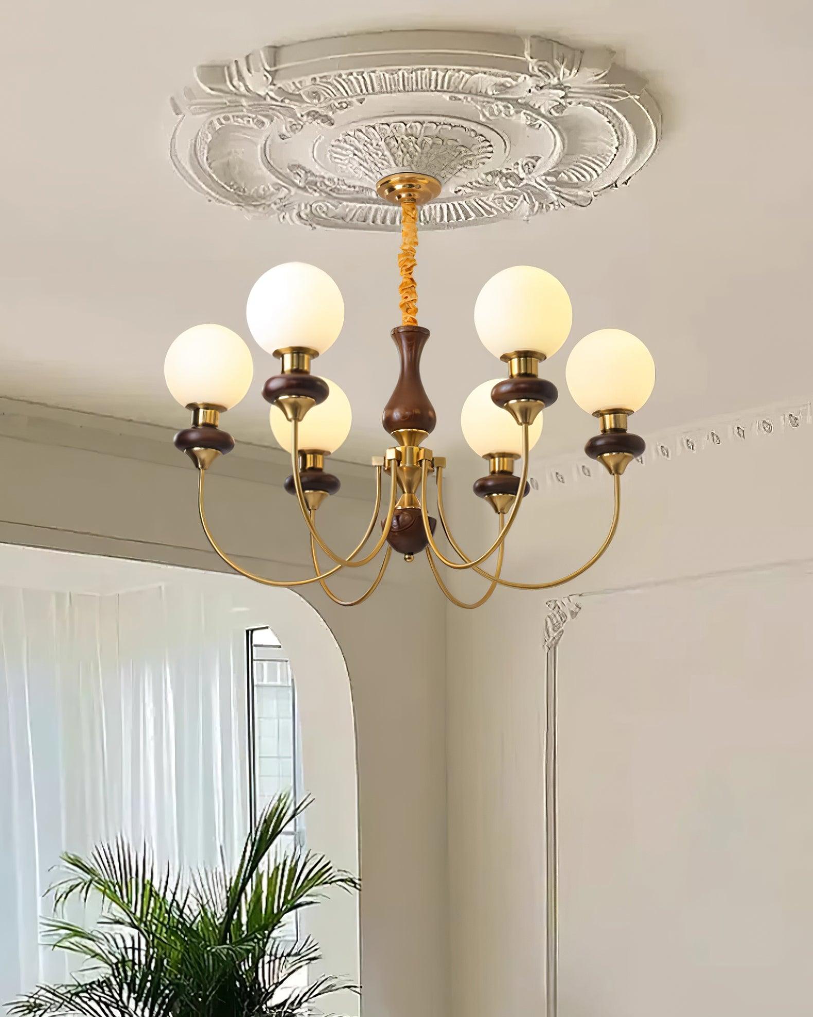 Lustra Lustre Laiton Bras Courbés Noyer Vintage Élégant
