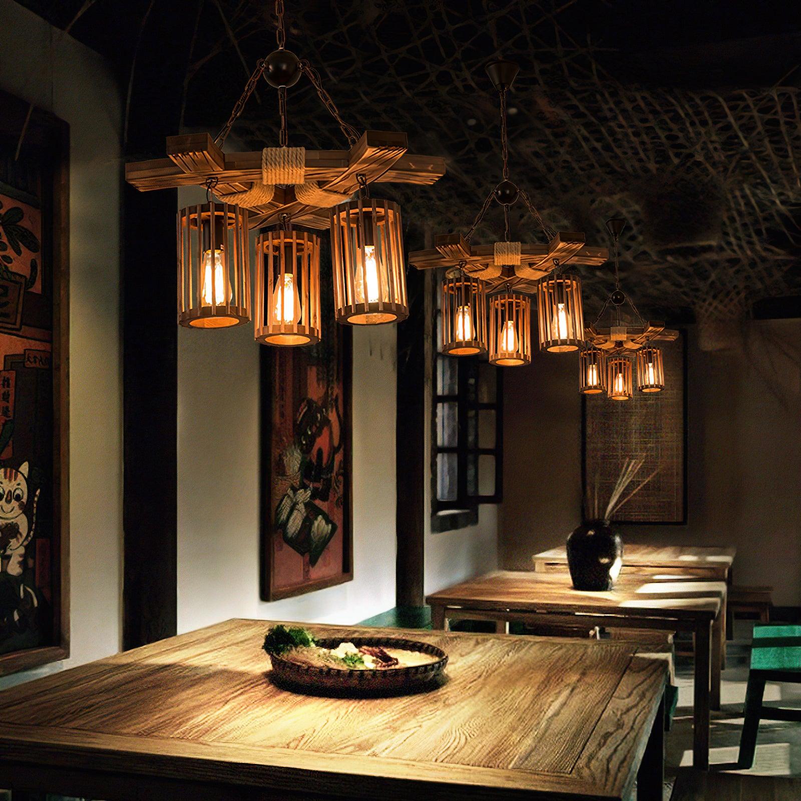 Lustra Lustre Rétro en Bois Massif Industriel