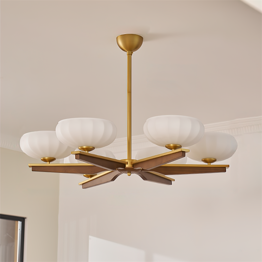 Lustre Bras en Bois de Noyer et Abat-jours en Verre Opale Style Mi-siècle