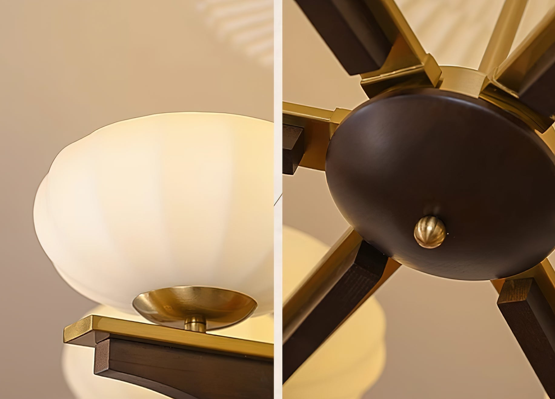 Lustre Bras en Bois de Noyer et Abat-jours en Verre Opale Style Mi-siècle