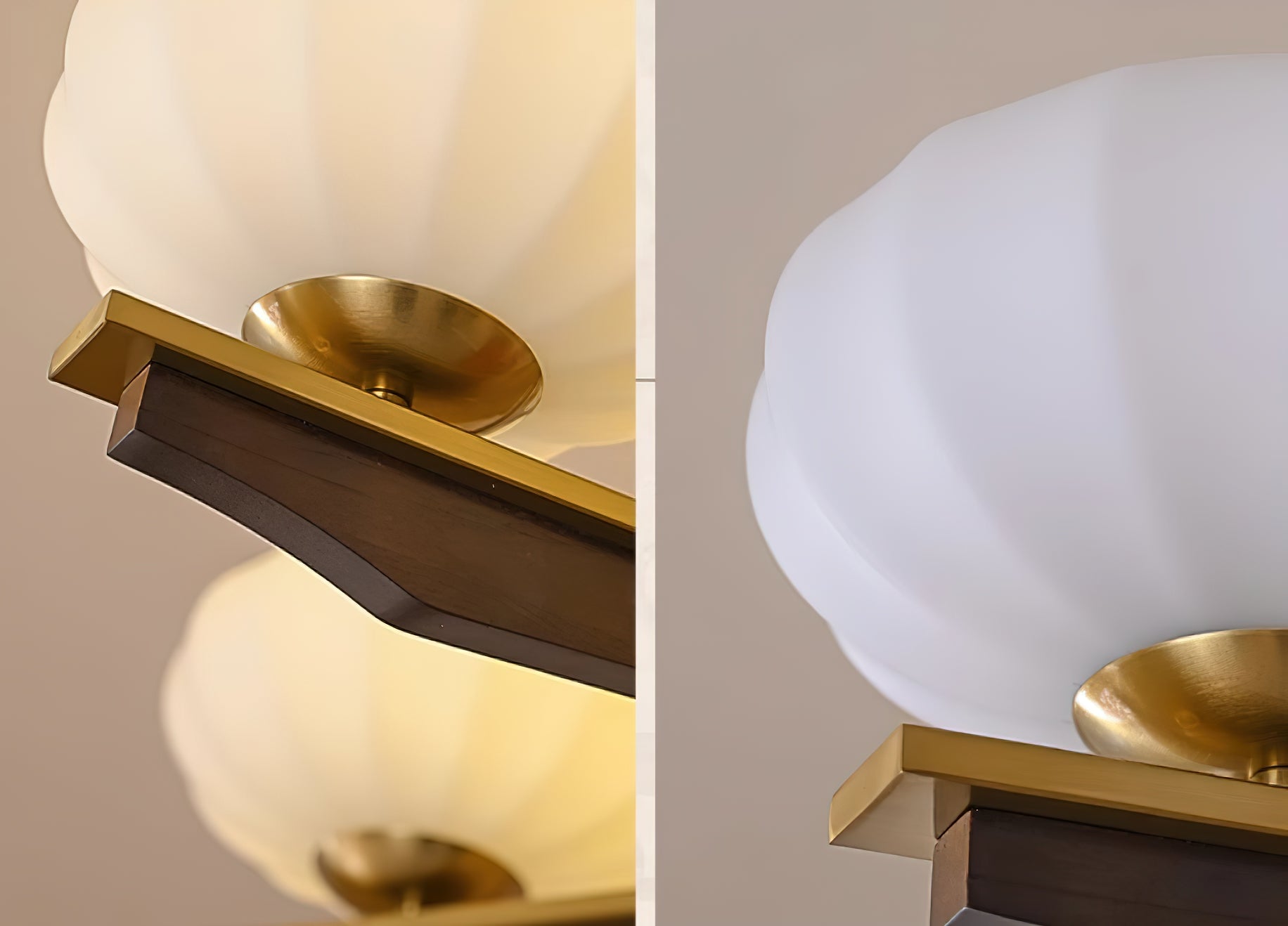 Lustre Bras en Bois de Noyer et Abat-jours en Verre Opale Style Mi-siècle