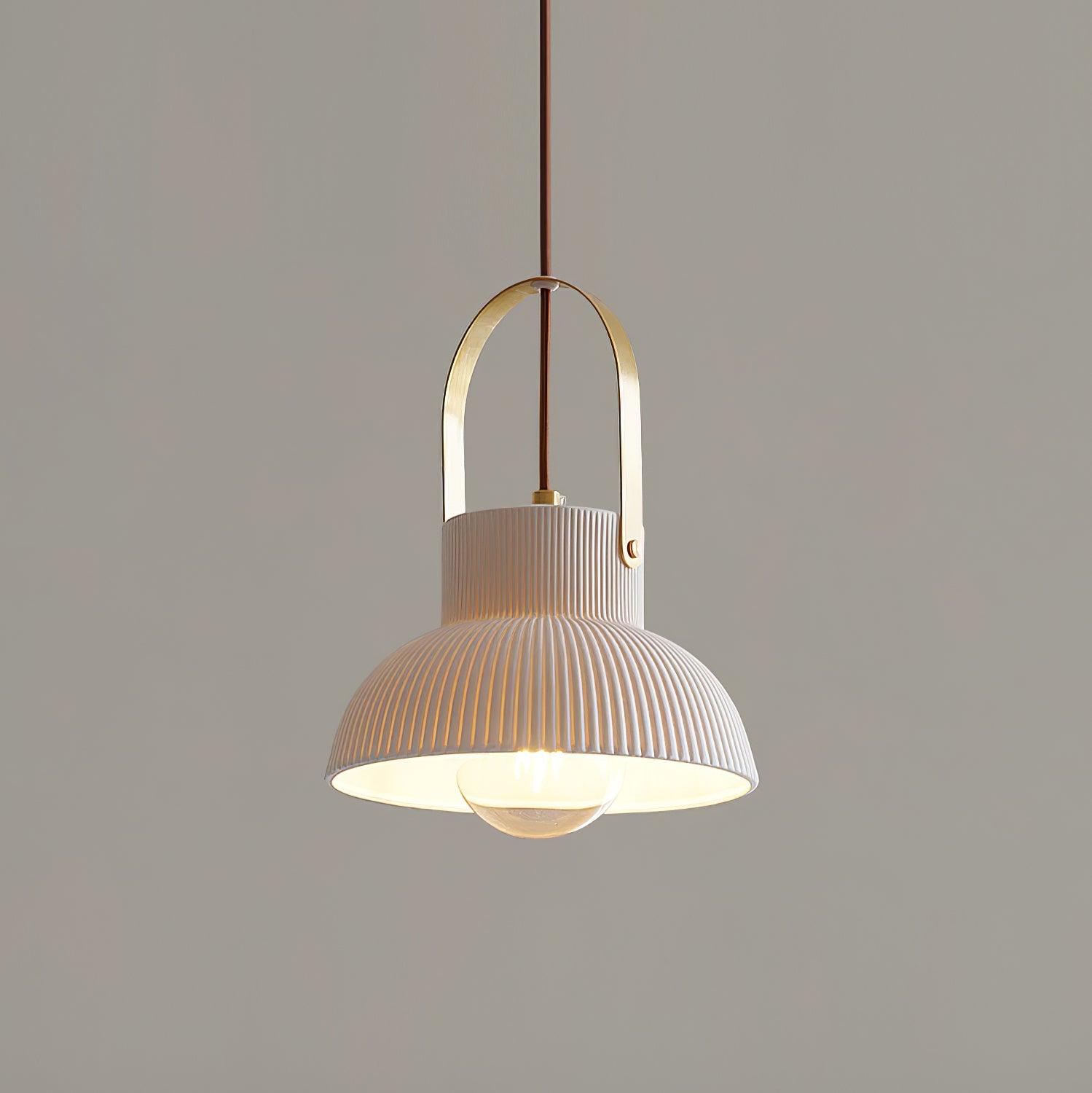 Eclipse Pendant Lamp Ribbed White Ceramic with Brass Handle