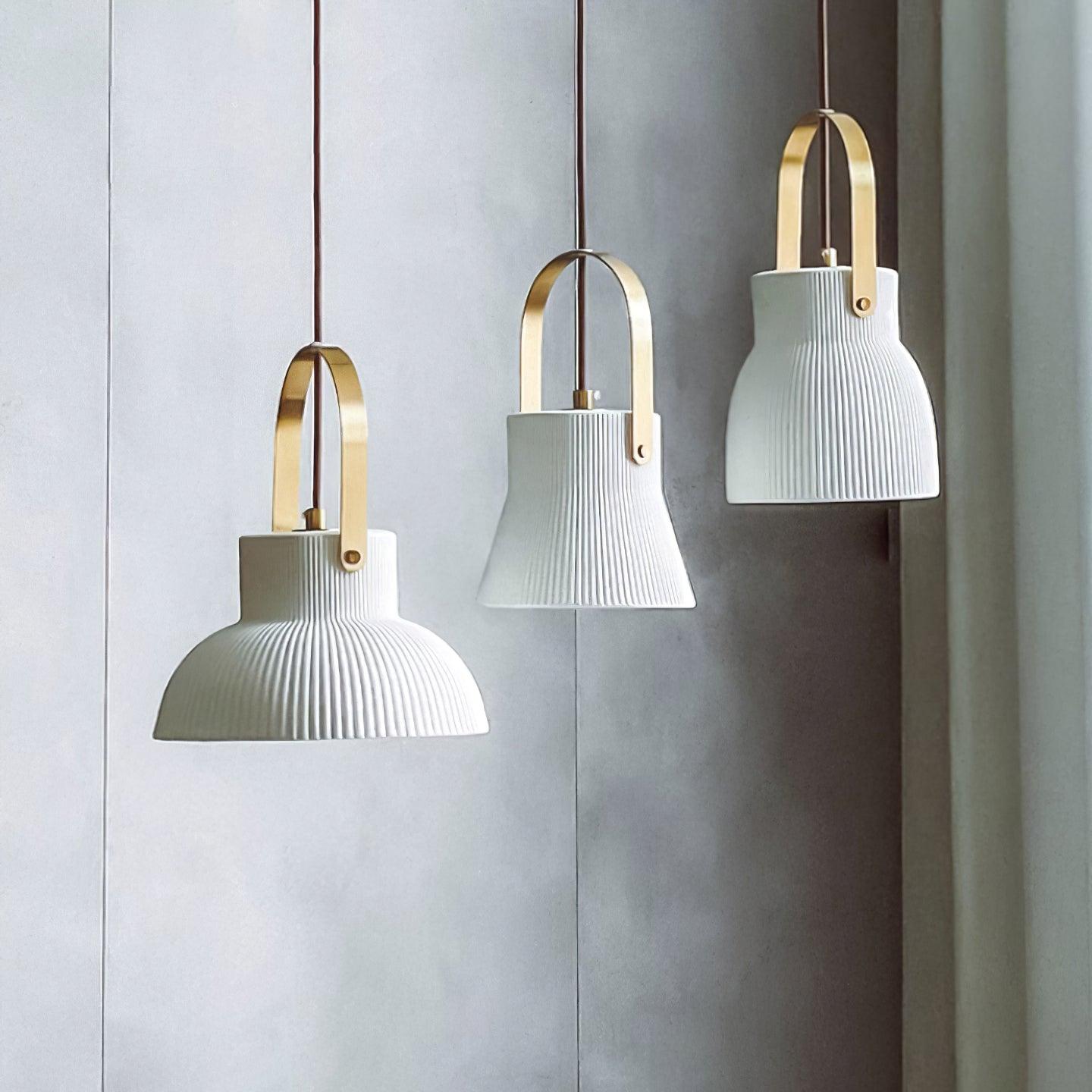 Eclipse Pendant Lamp Ribbed White Ceramic with Brass Handle