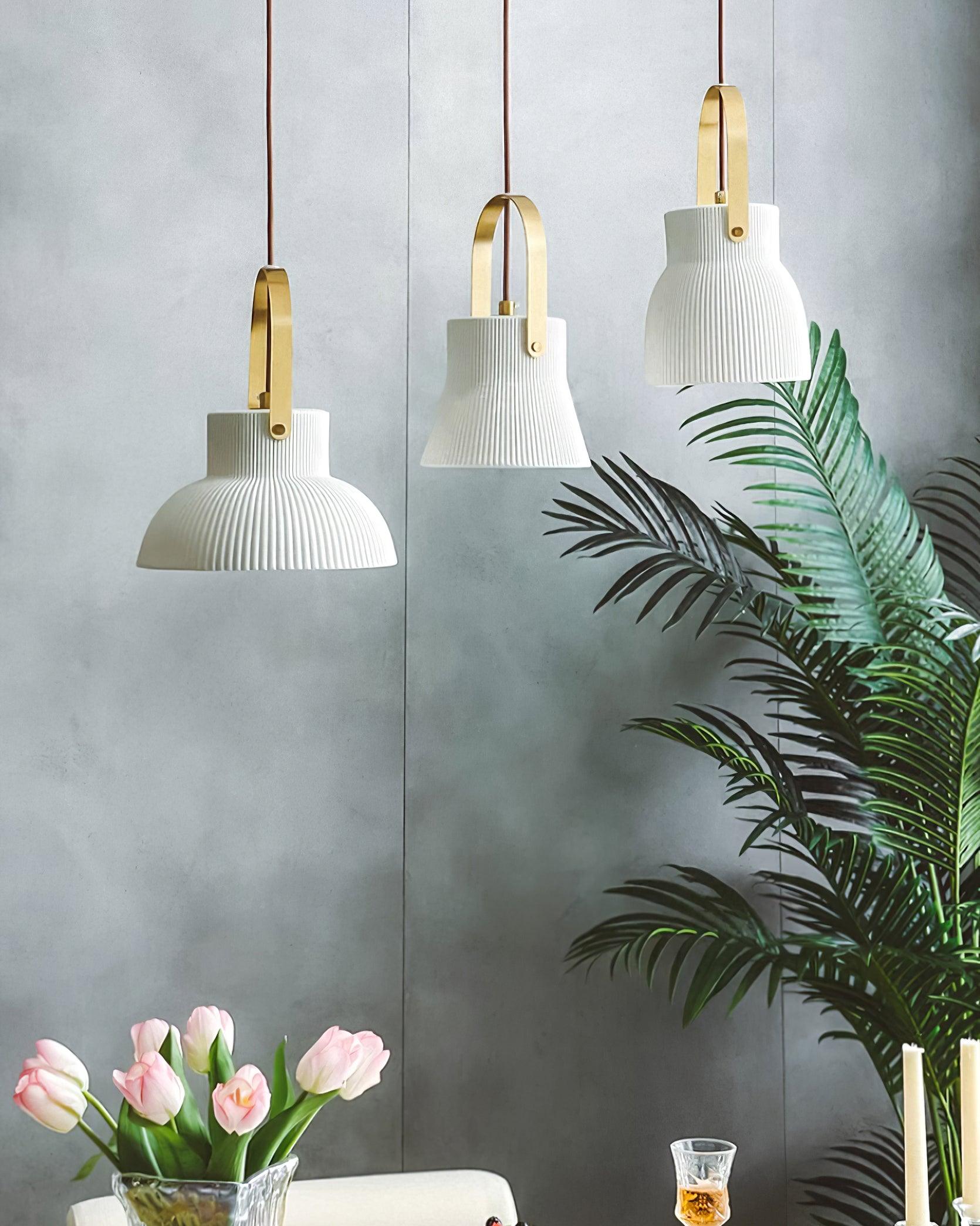 Eclipse Pendant Lamp Ribbed White Ceramic with Brass Handle