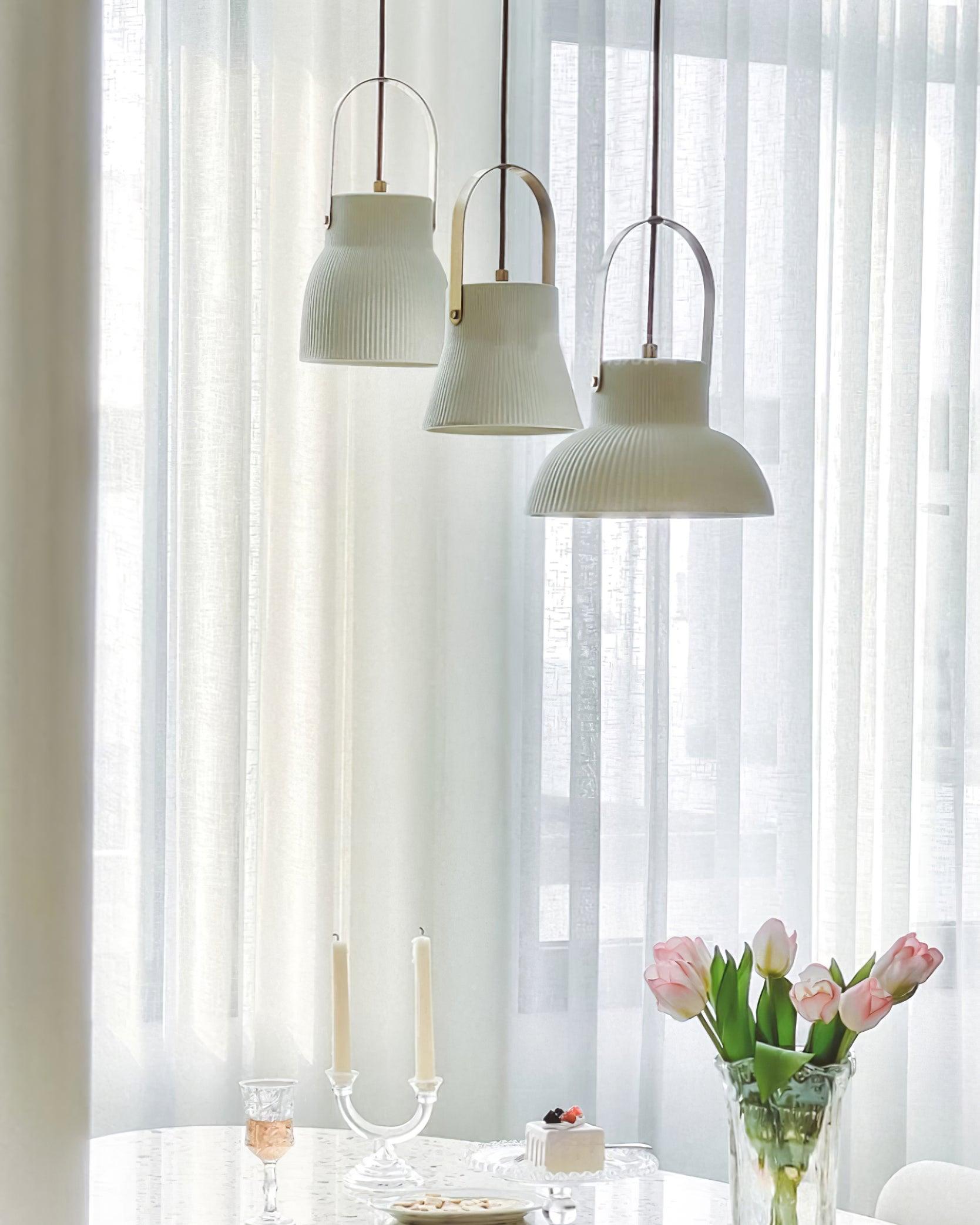 Eclipse Pendant Lamp Ribbed White Ceramic with Brass Handle