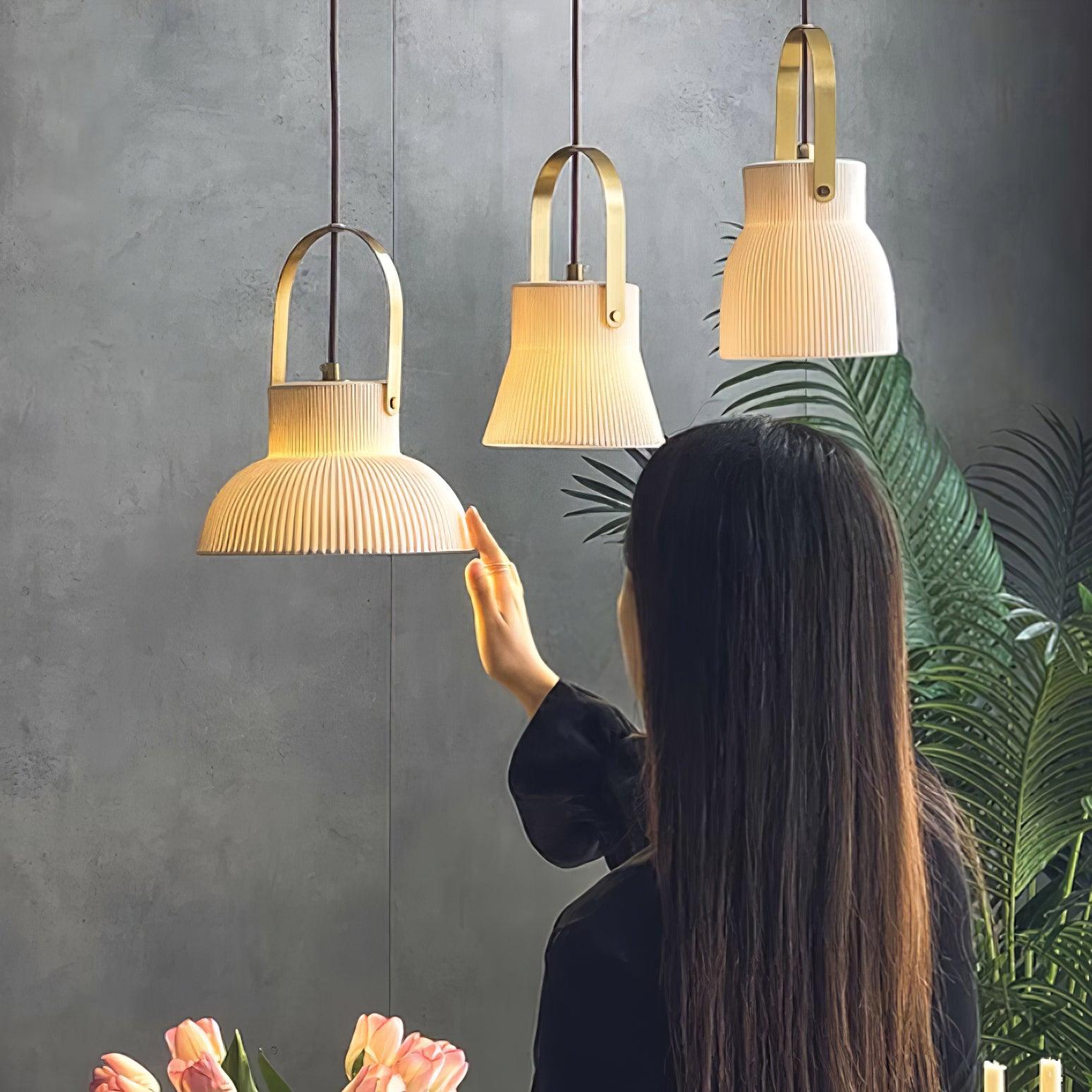 Eclipse Pendant Lamp Ribbed White Ceramic with Brass Handle