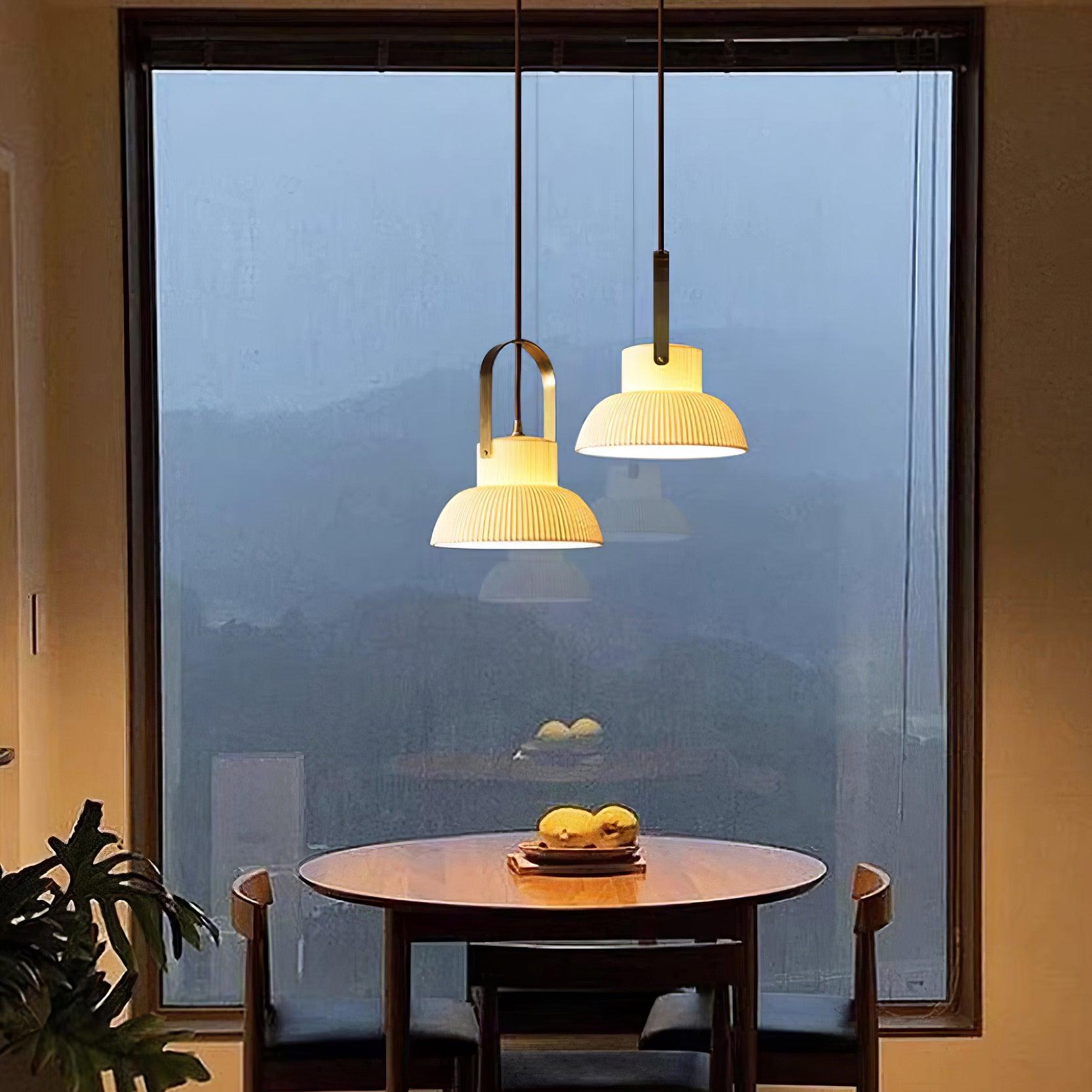 Eclipse Pendant Lamp Ribbed White Ceramic with Brass Handle