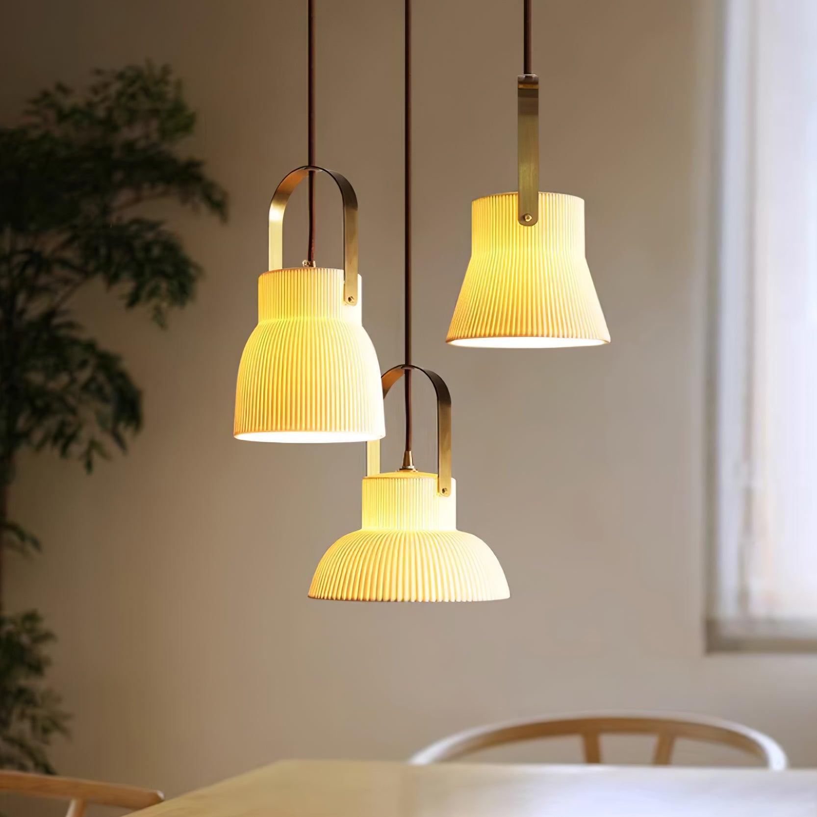 Eclipse Pendant Lamp Ribbed White Ceramic with Brass Handle