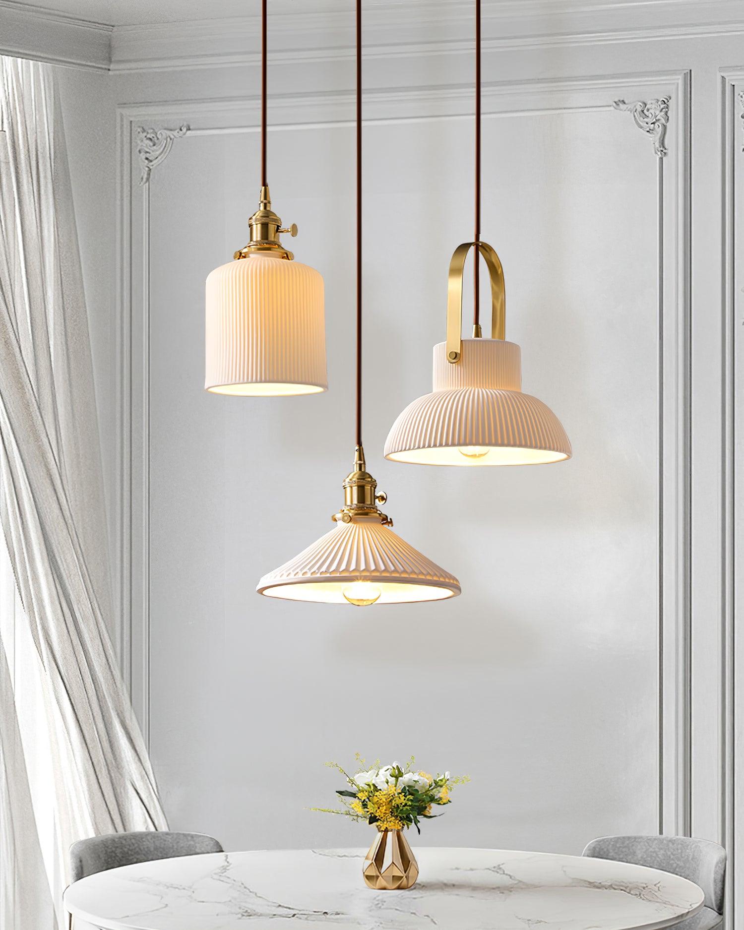 Eclipse Pendant Lamp Ribbed White Ceramic with Brass Handle