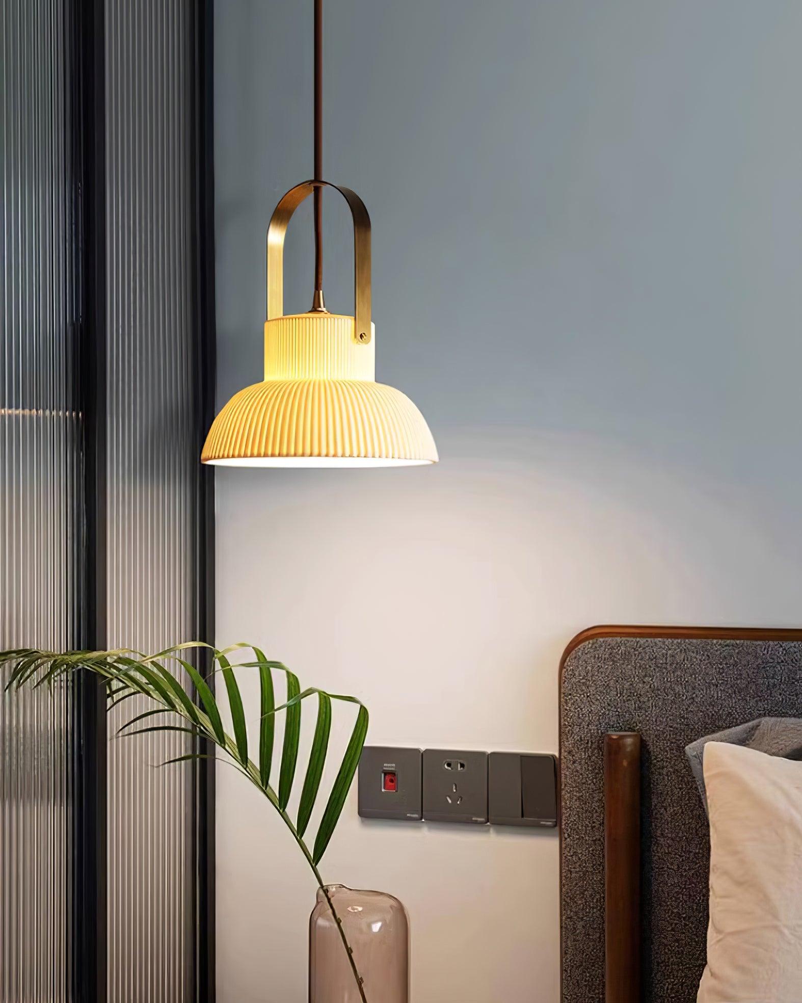 Eclipse Pendant Lamp Ribbed White Ceramic with Brass Handle