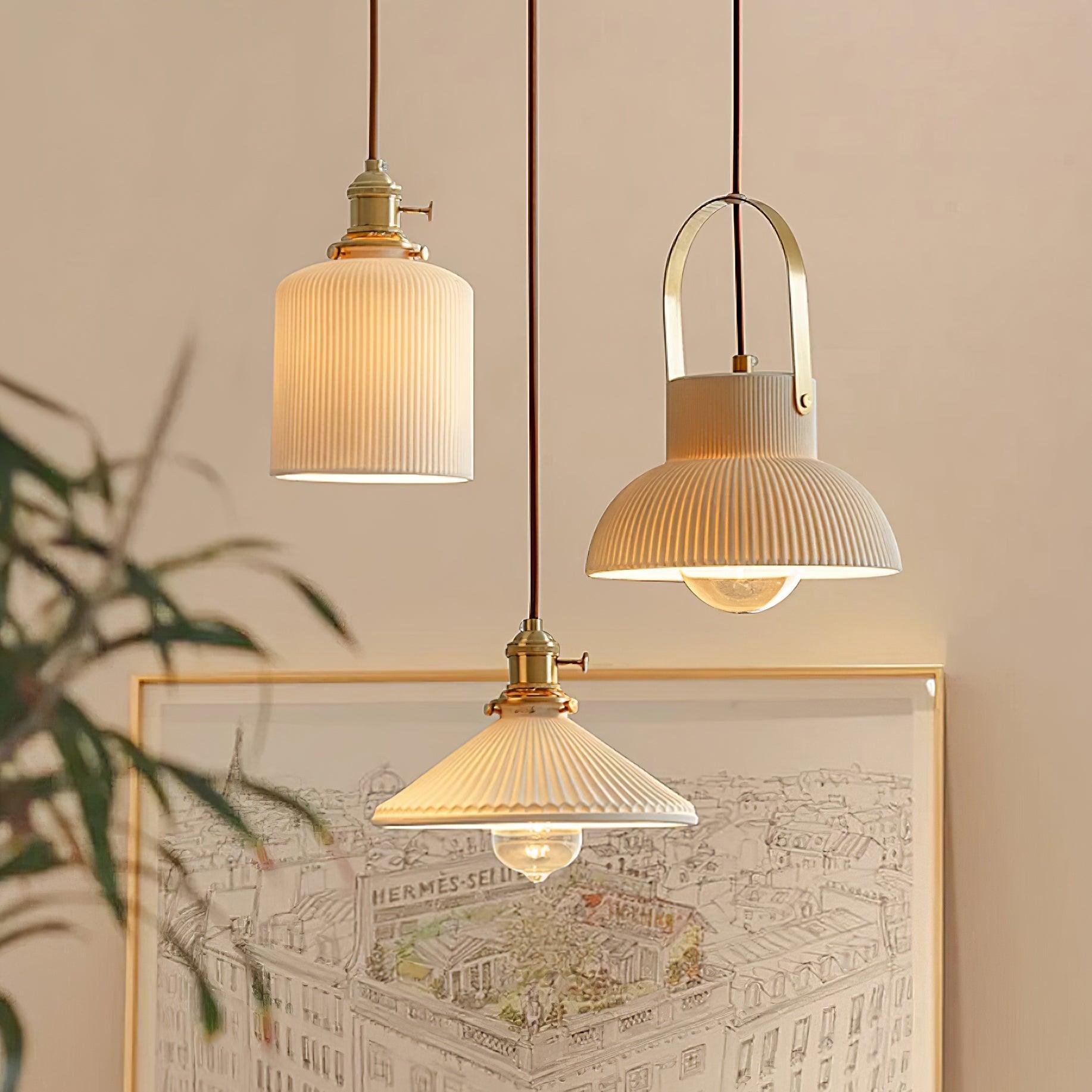 Eclipse Pendant Lamp Ribbed White Ceramic with Brass Handle