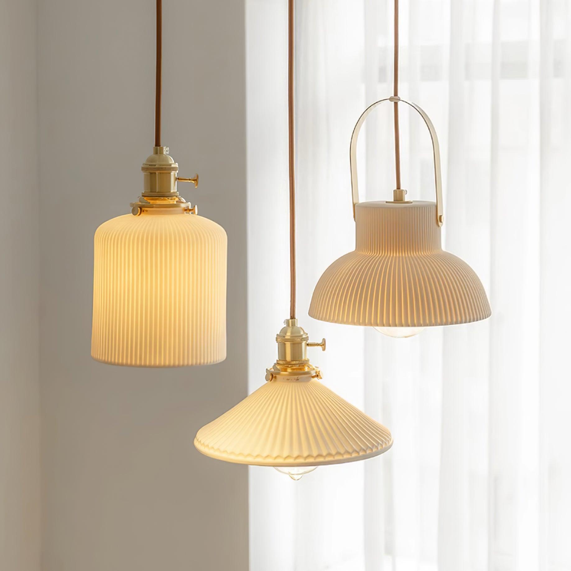 Eclipse Pendant Lamp Ribbed White Ceramic with Brass Handle