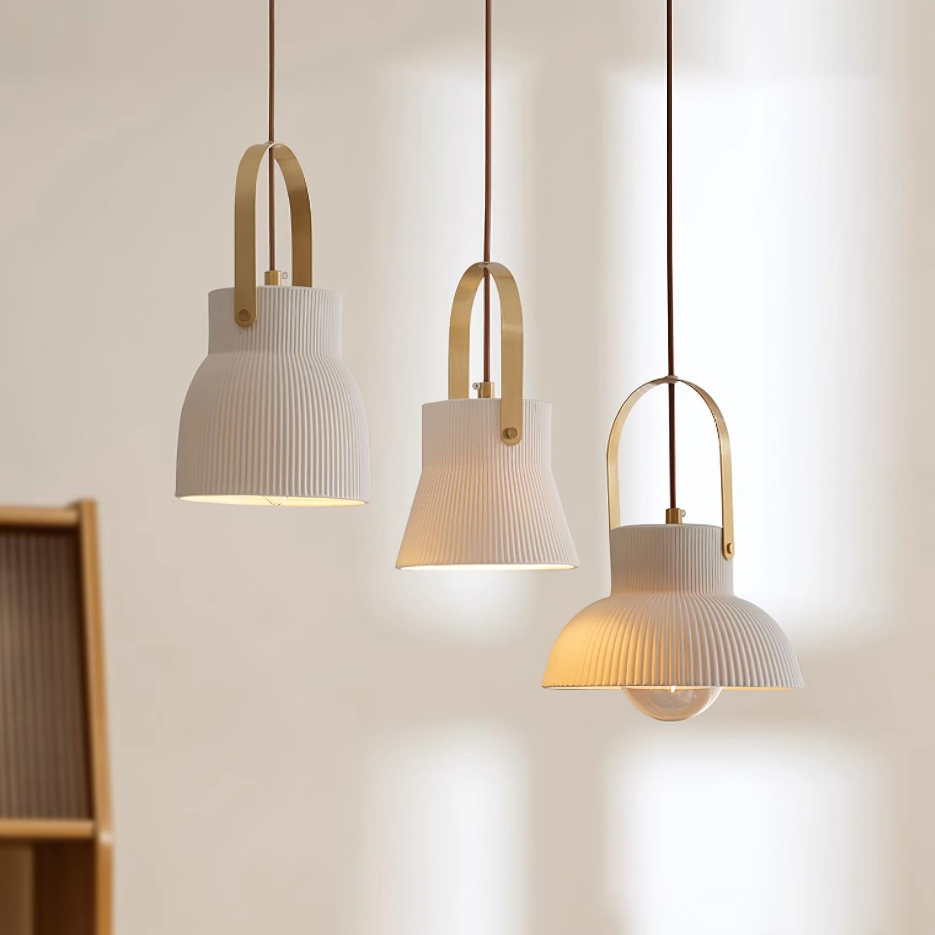 Eclipse Pendant Lamp Ribbed White Ceramic with Brass Handle