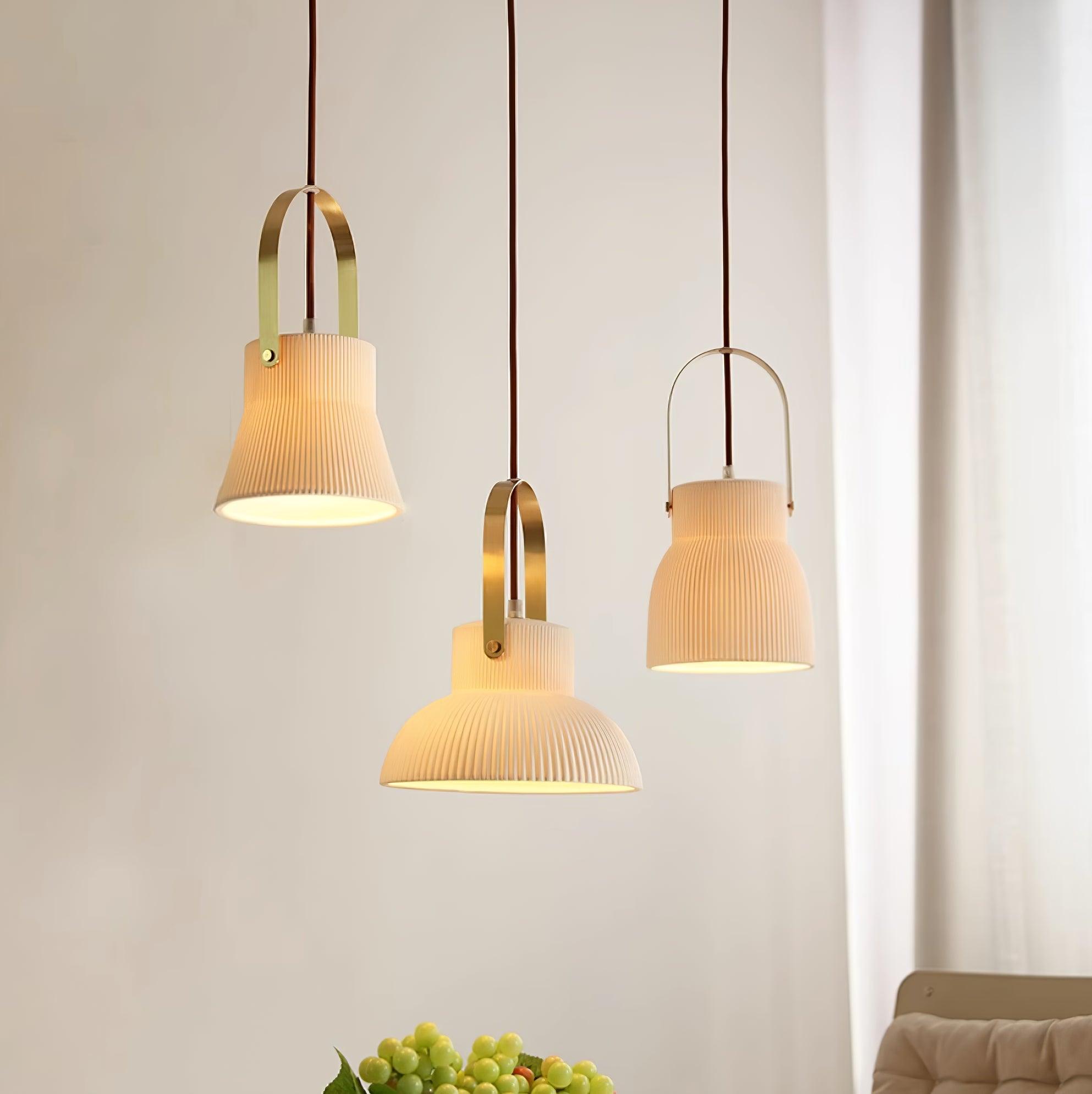 Eclipse Pendant Lamp Ribbed White Ceramic with Brass Handle