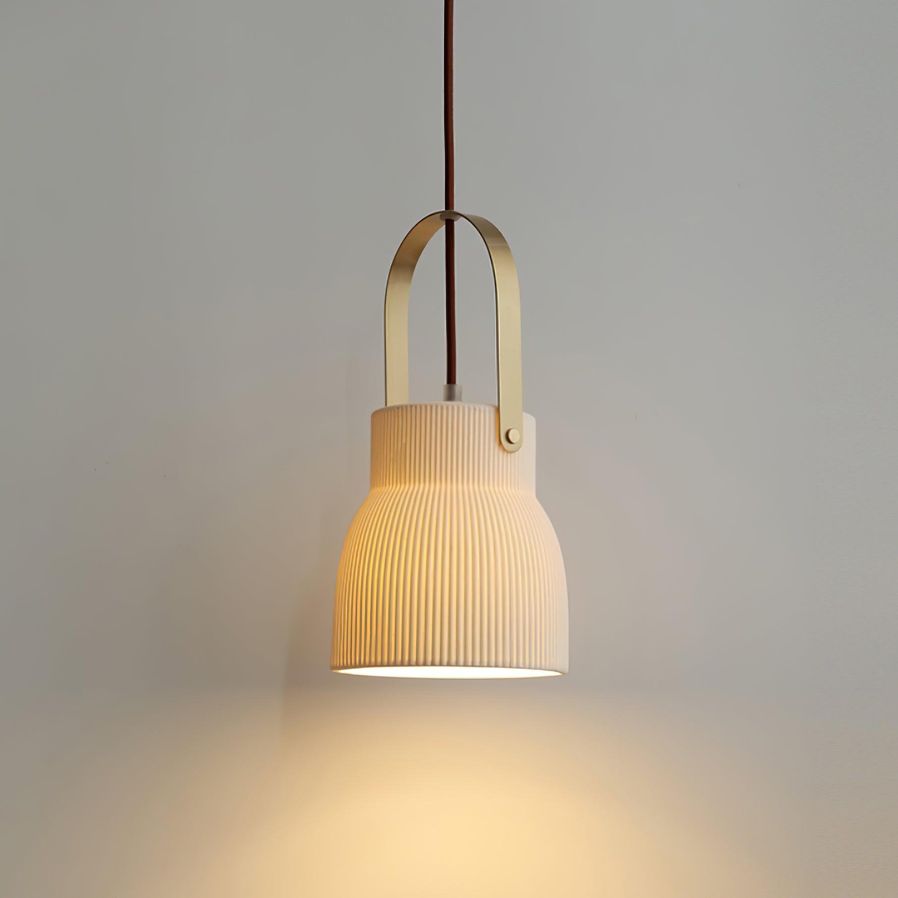 Eclipse Pendant Lamp Ribbed White Ceramic with Brass Handle