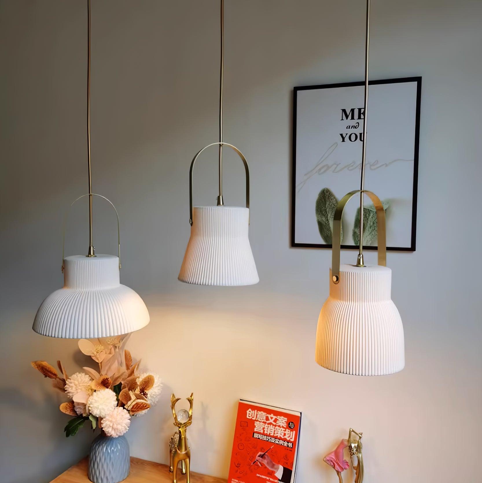 Eclipse Pendant Lamp Ribbed White Ceramic with Brass Handle