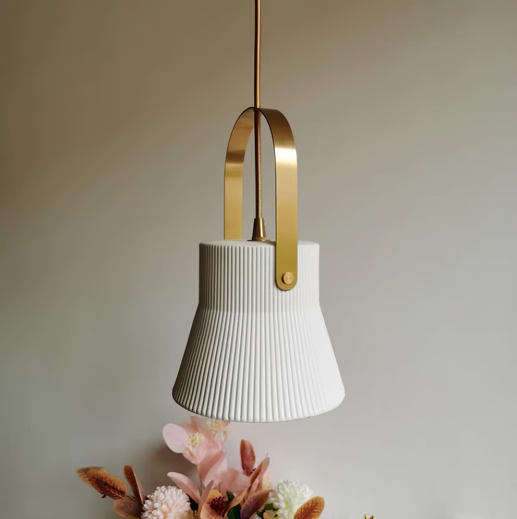 Eclipse Pendant Lamp Ribbed White Ceramic with Brass Handle