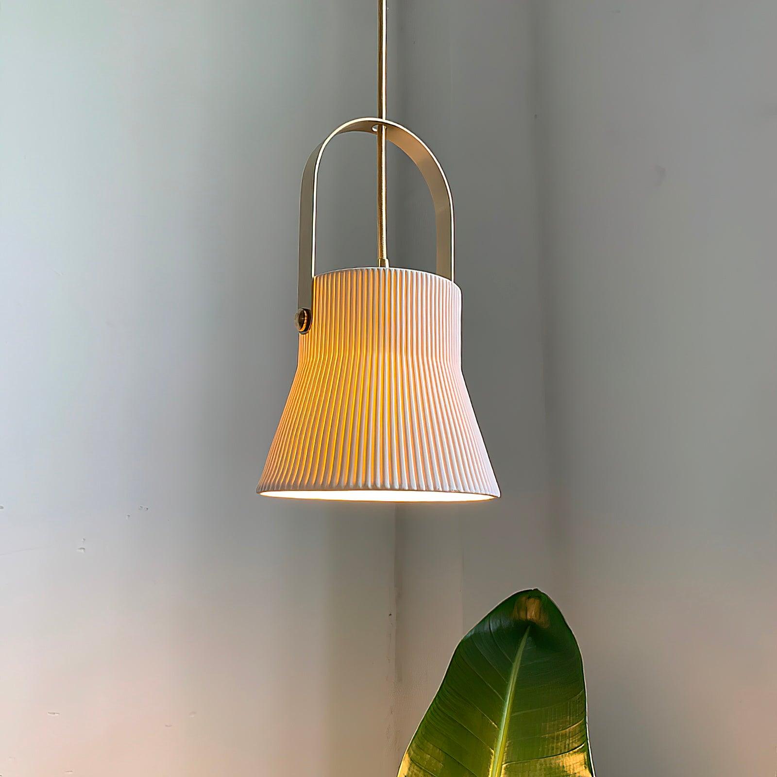 Eclipse Pendant Lamp Ribbed White Ceramic with Brass Handle