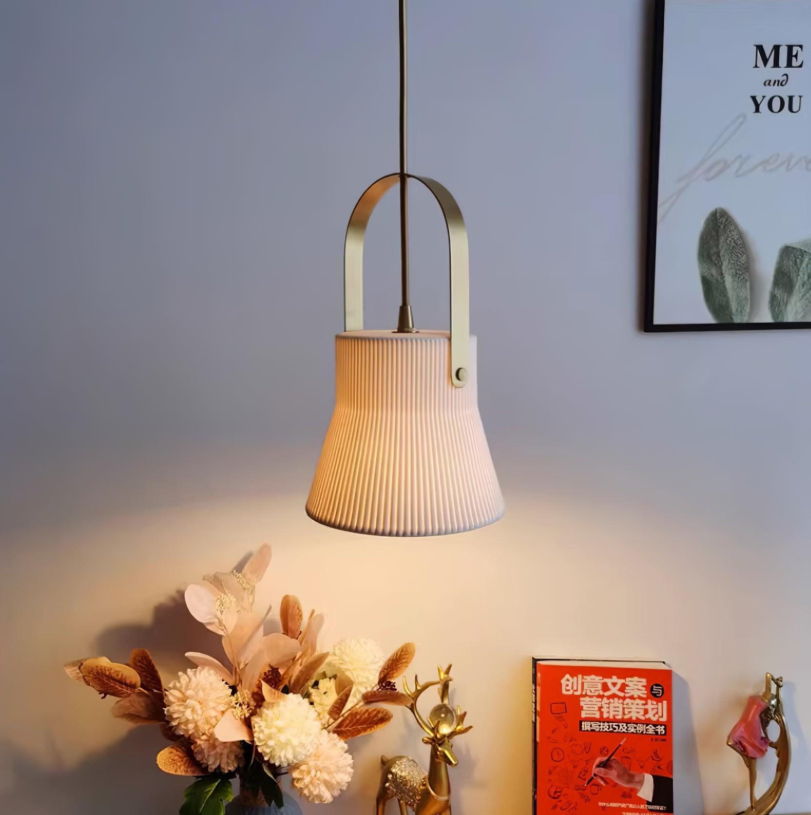 Eclipse Pendant Lamp Ribbed White Ceramic with Brass Handle