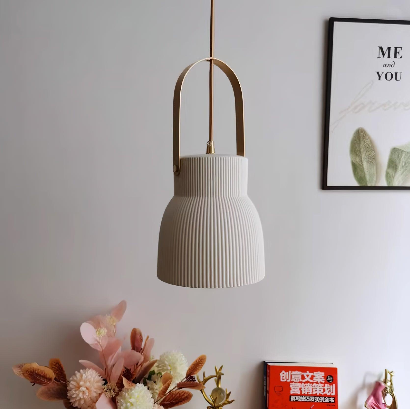 Eclipse Pendant Lamp Ribbed White Ceramic with Brass Handle