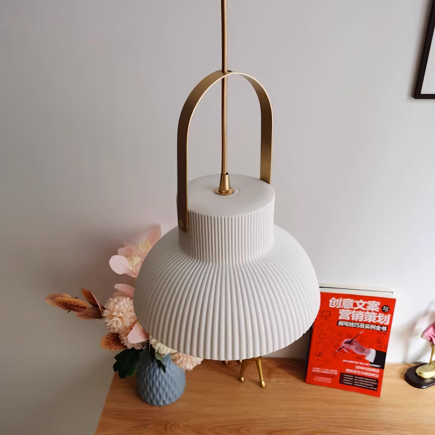 Eclipse Pendant Lamp Ribbed White Ceramic with Brass Handle