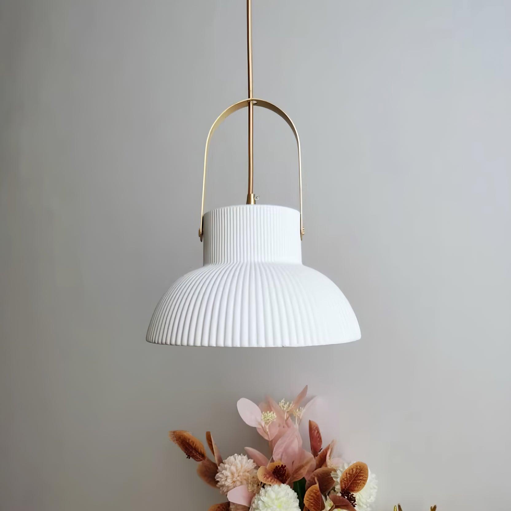 Eclipse Pendant Lamp Ribbed White Ceramic with Brass Handle
