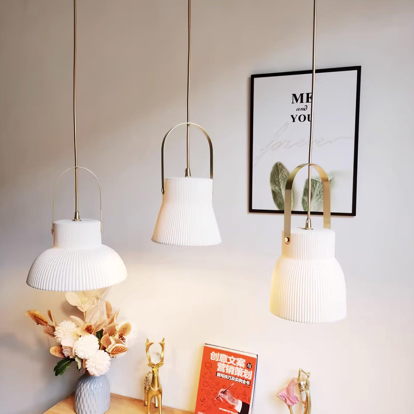 Eclipse Pendant Lamp Ribbed White Ceramic with Brass Handle