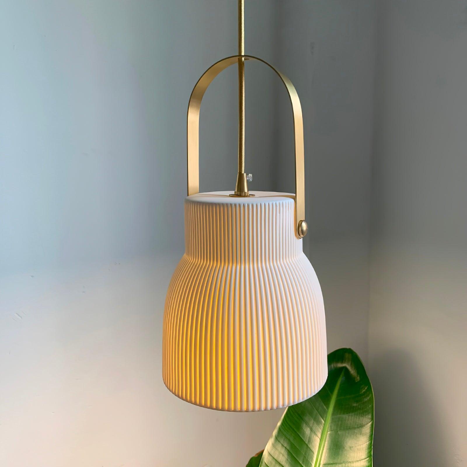 Eclipse Pendant Lamp Ribbed White Ceramic with Brass Handle
