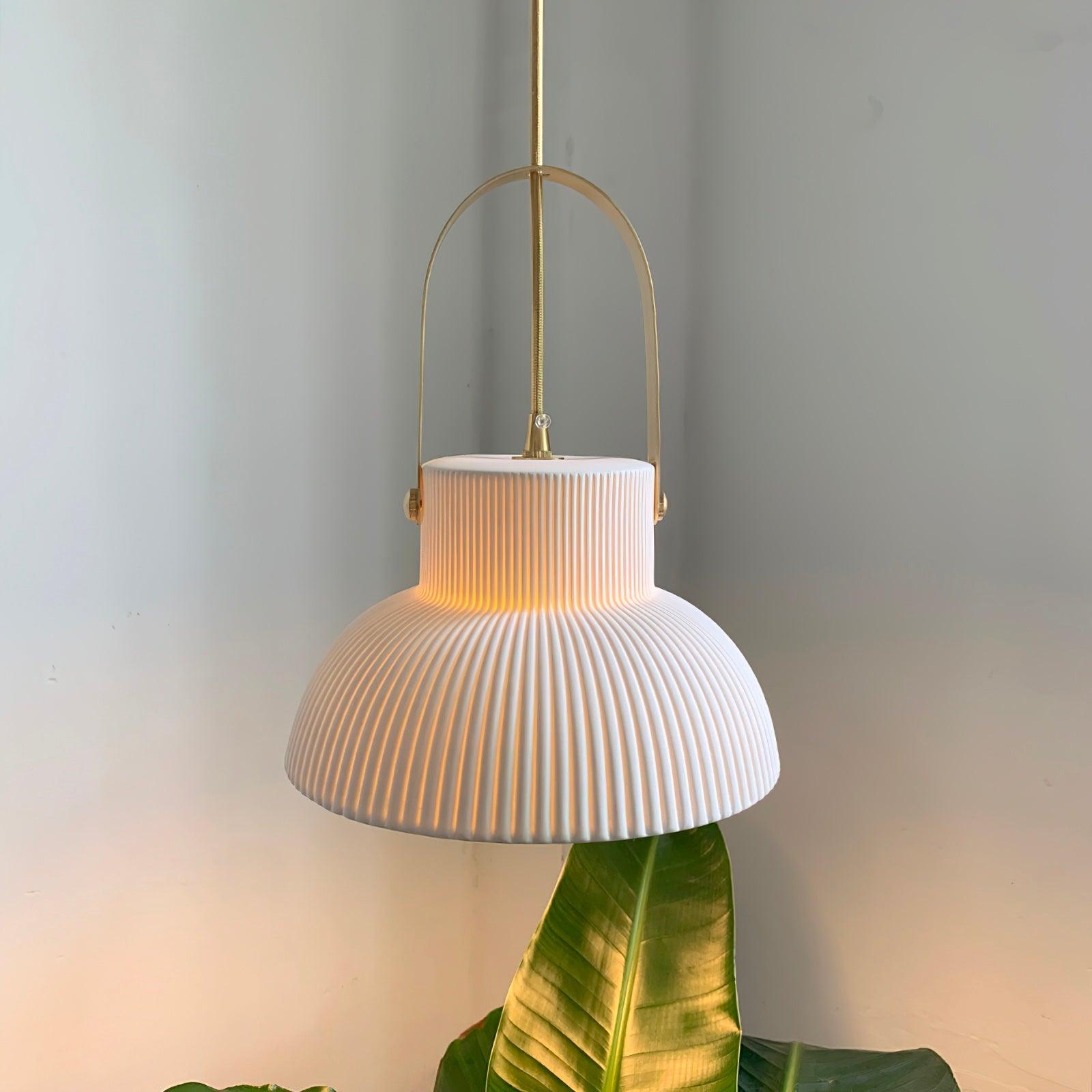 Eclipse Pendant Lamp Ribbed White Ceramic with Brass Handle