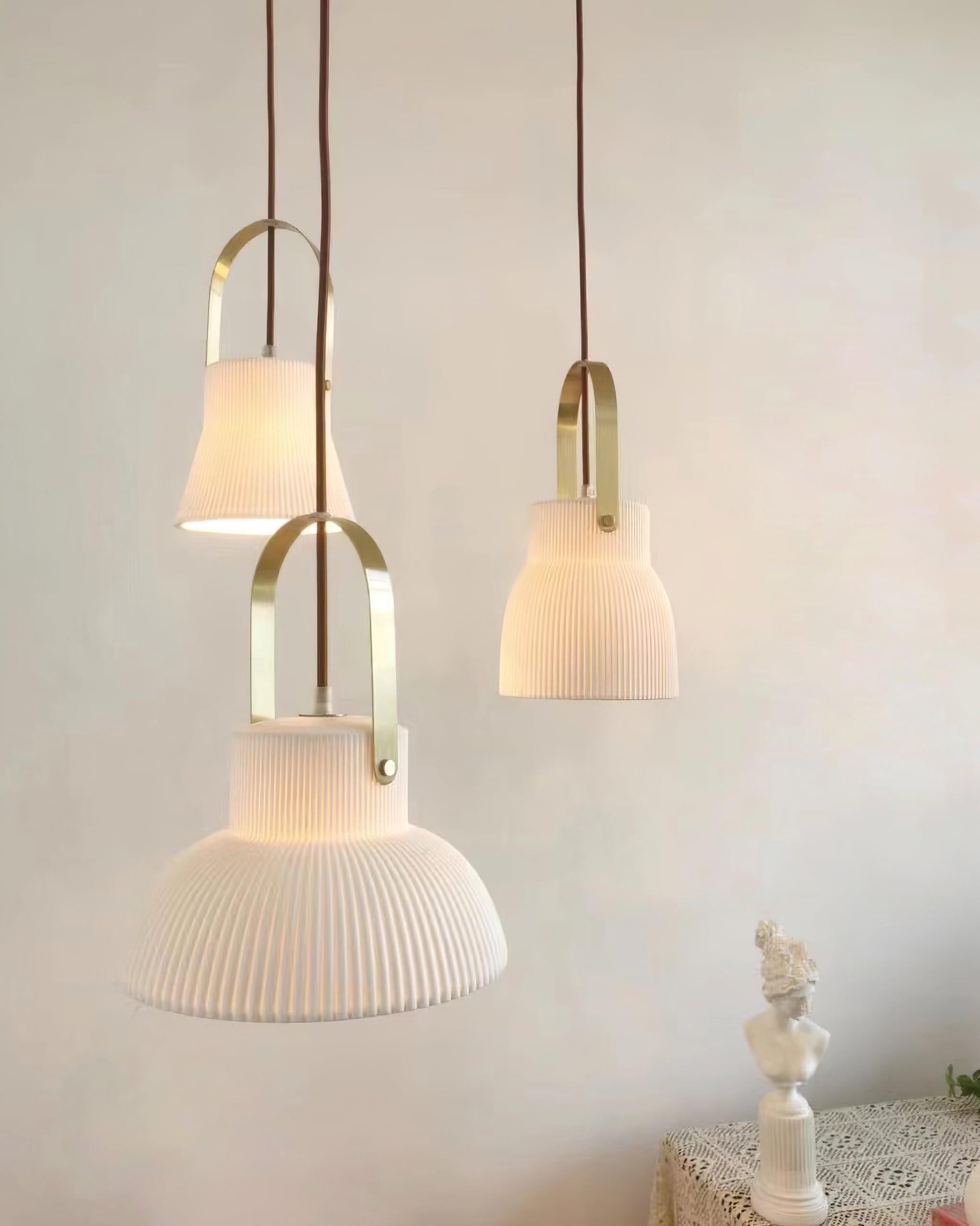 Eclipse Pendant Lamp Ribbed White Ceramic with Brass Handle