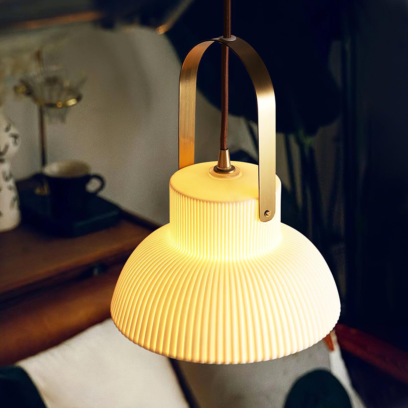 Eclipse Pendant Lamp Ribbed White Ceramic with Brass Handle