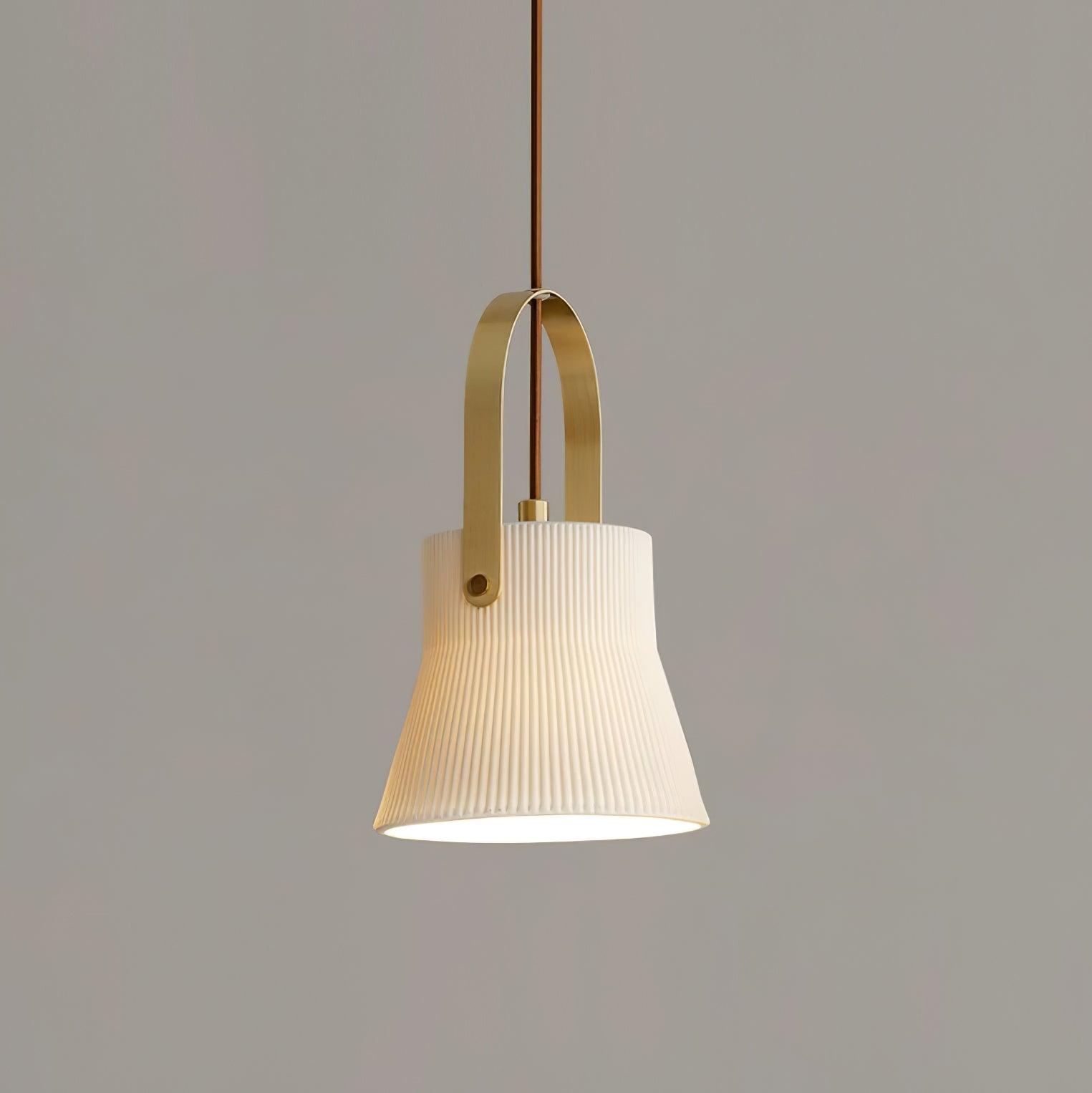 Eclipse Pendant Lamp Ribbed White Ceramic with Brass Handle
