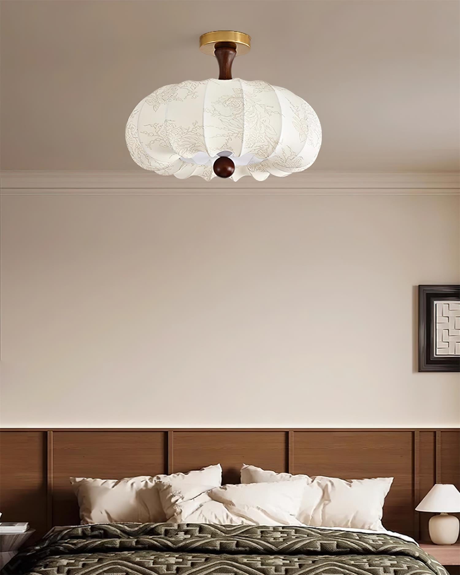 Lampe Plafond Abat-jour Tissu Festonné Plafond Bois de Noyer Vintage