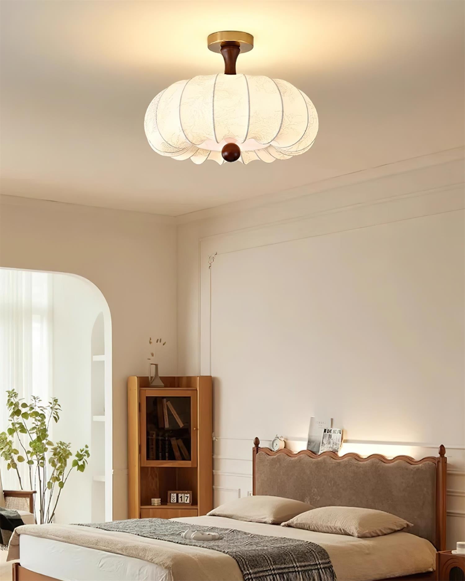 Lampe Plafond Abat-jour Tissu Festonné Plafond Bois de Noyer Vintage
