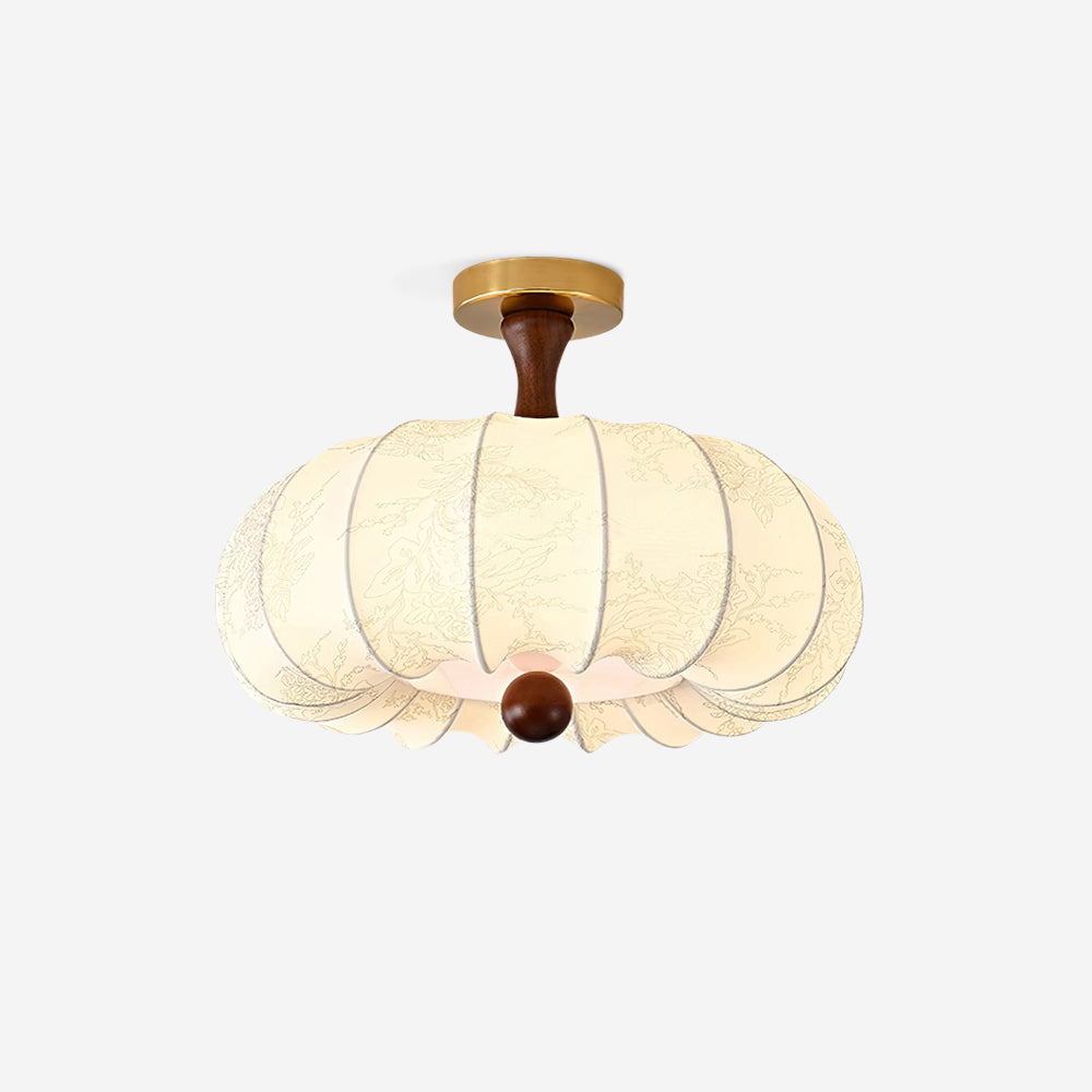 Lampe Plafond Abat-jour Tissu Festonné Plafond Bois de Noyer Vintage