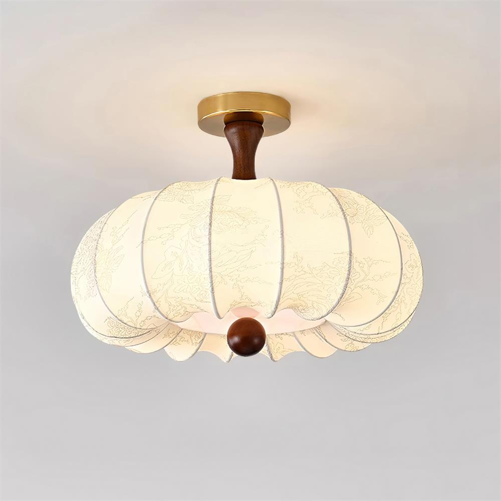 Lampe Plafond Abat-jour Tissu Festonné Plafond Bois de Noyer Vintage