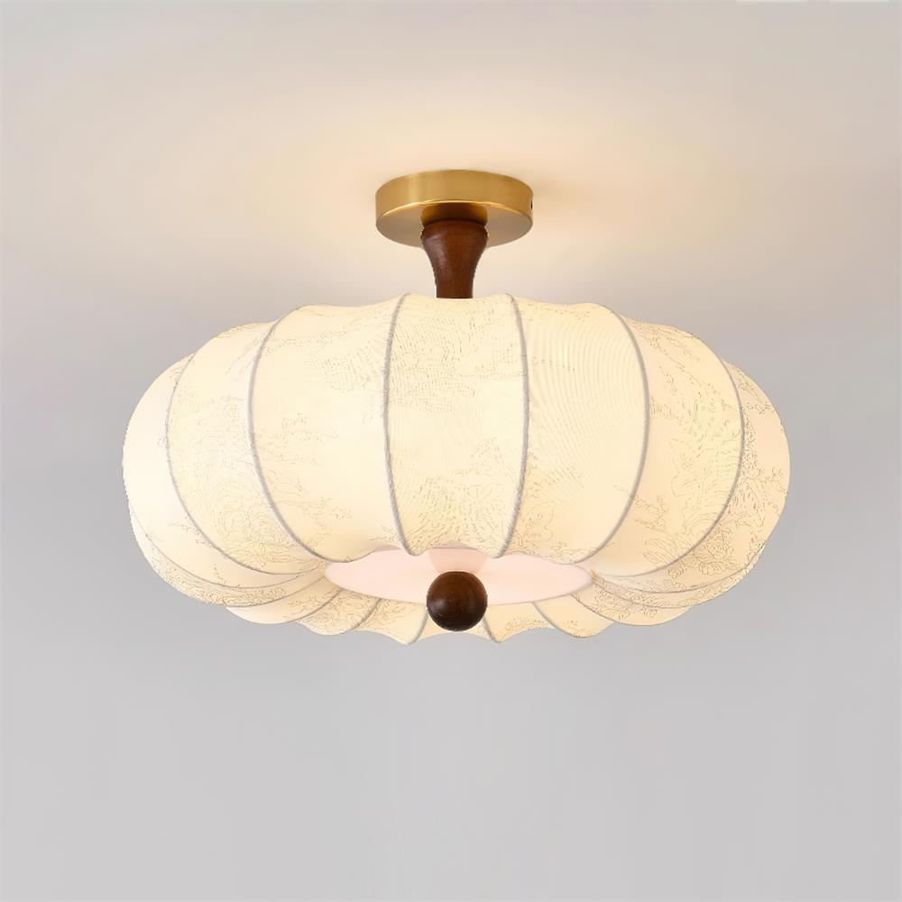 Lampe Plafond Abat-jour Tissu Festonné Plafond Bois de Noyer Vintage
