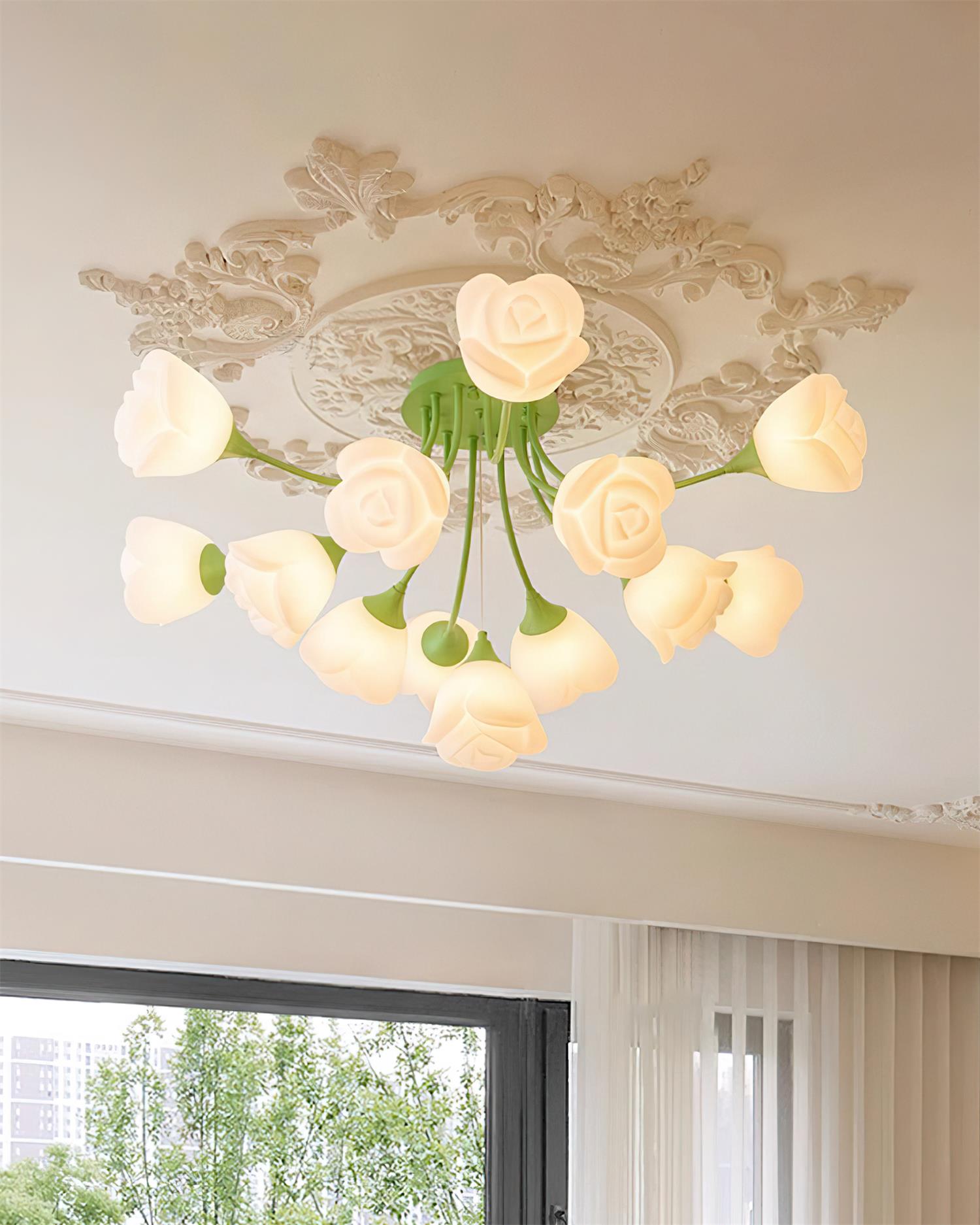 Rose Plafonnier Pétales Sculptés Lueur Douce