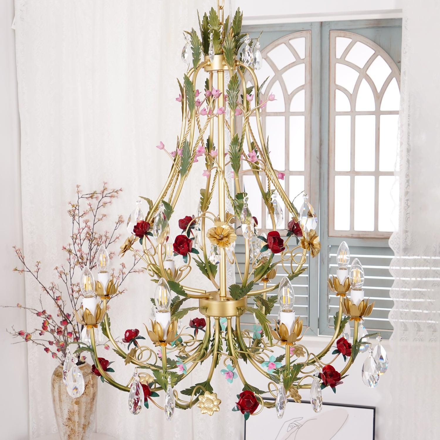 Lustra Lustre Laiton Florale Rose Cristal Bougie