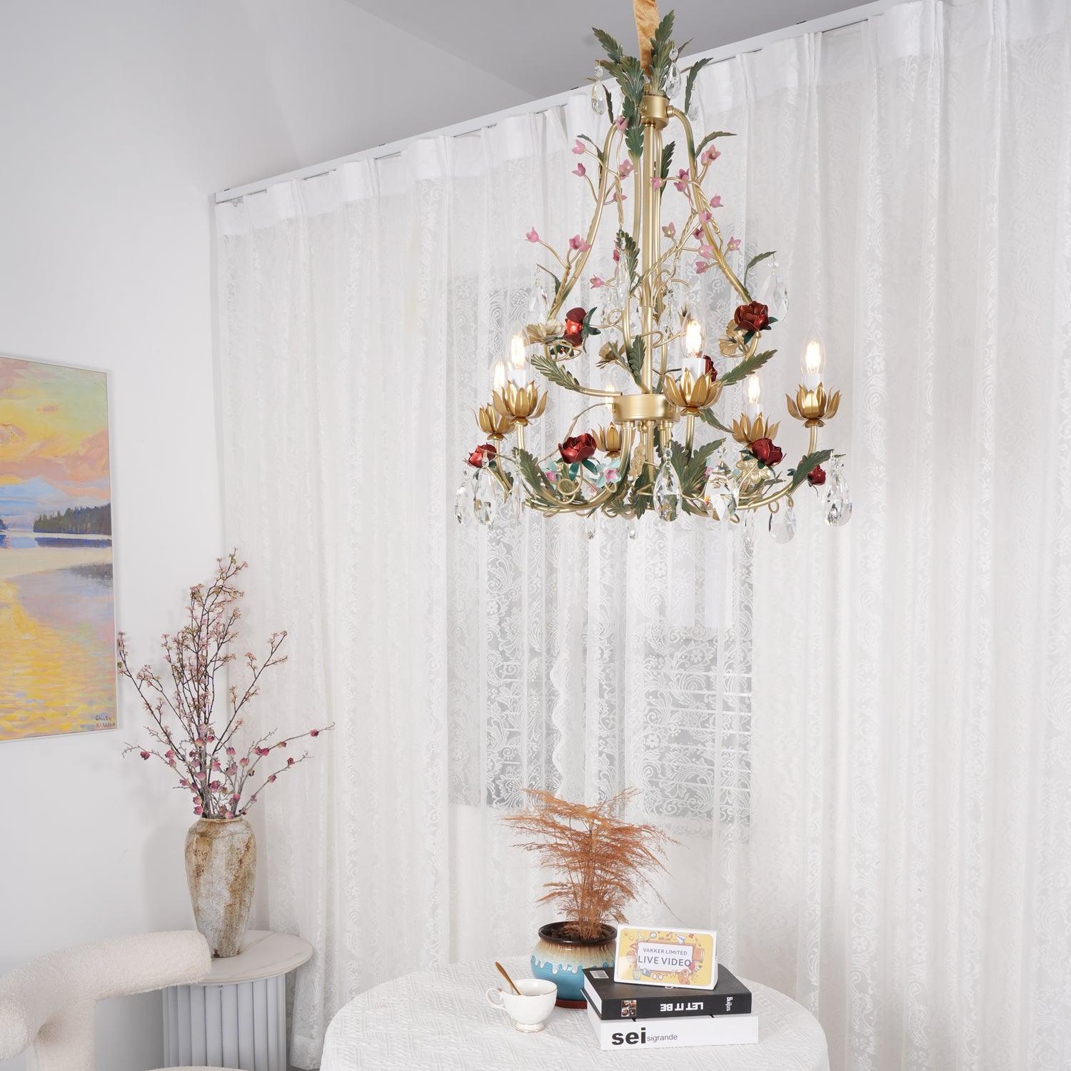 Lustra Lustre Laiton Florale Rose Cristal Bougie